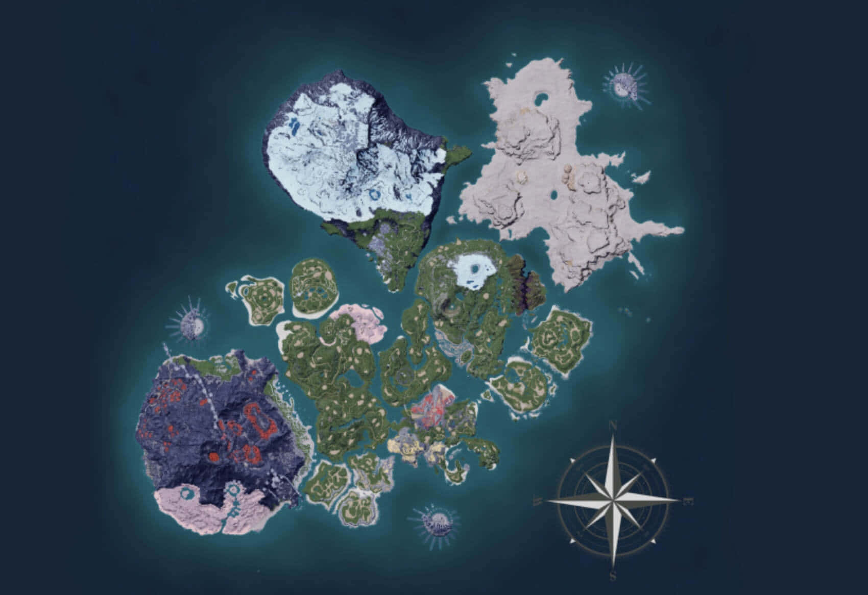 Palworld, island map, snowy peaks, HD Desktop Wallpaper