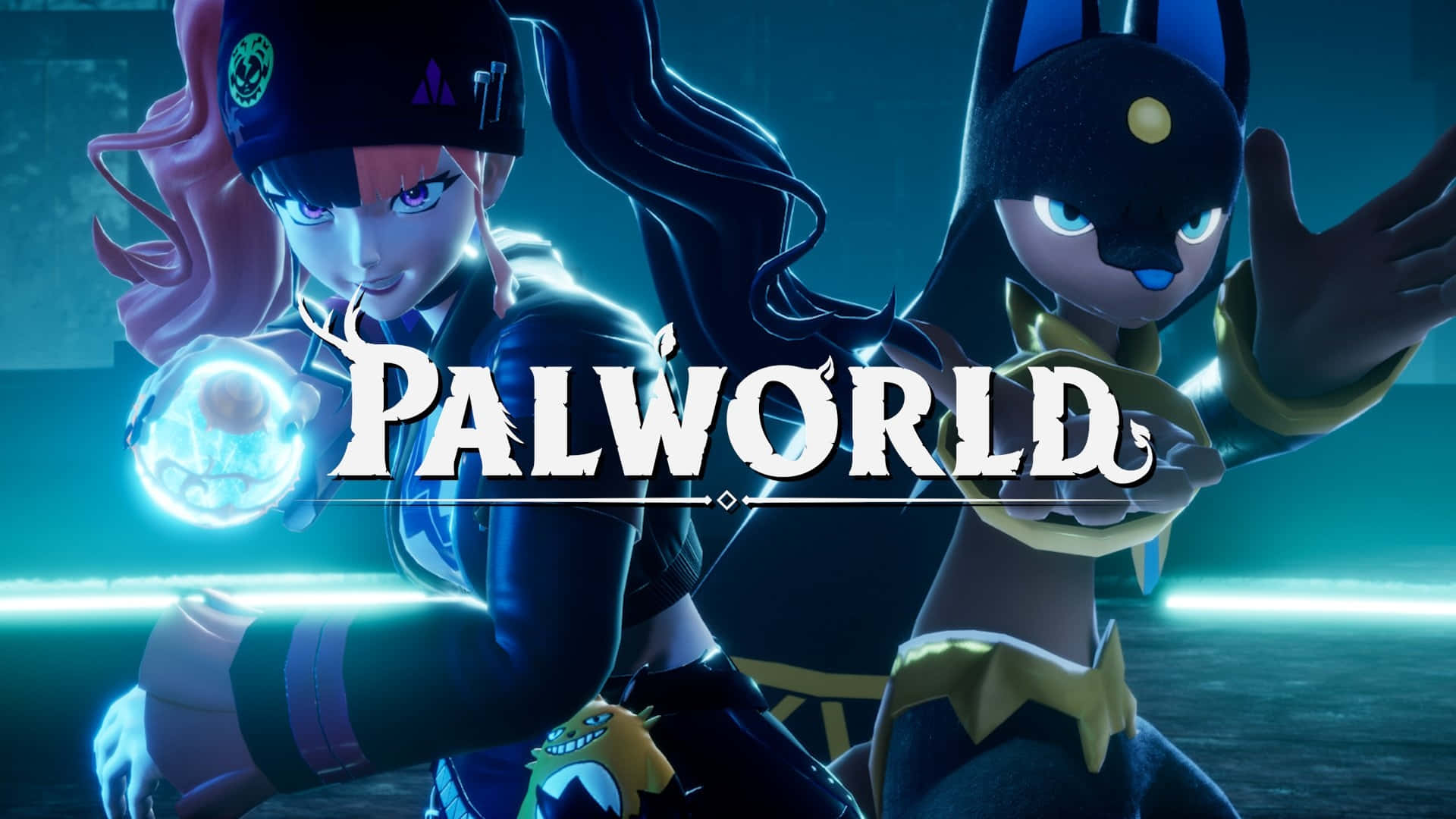 Palworld, anime-style characters, dark futuristic gear, Full HD Desktop Wallpaper