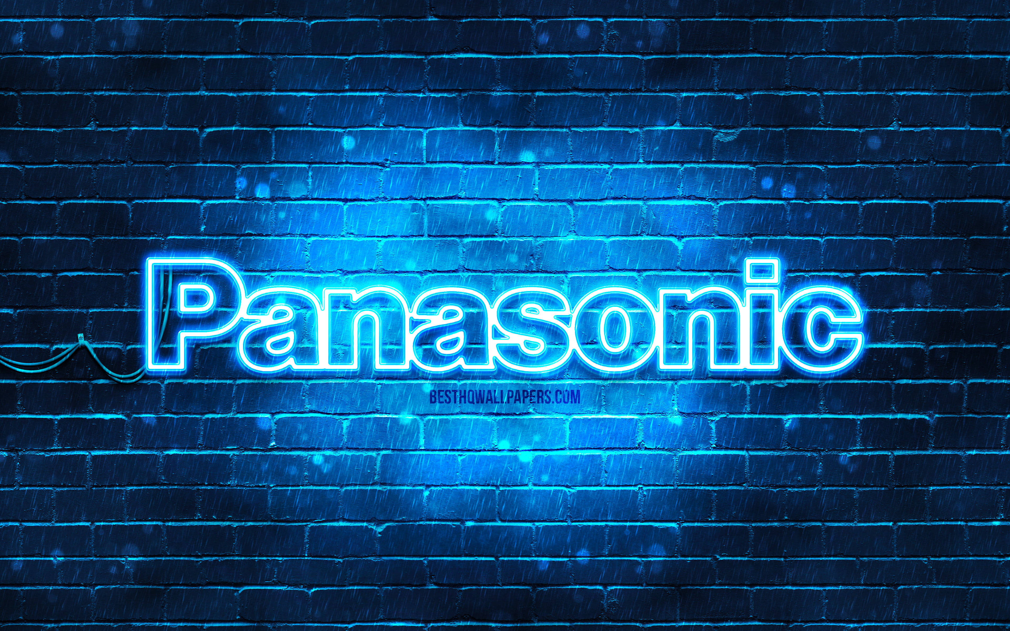 Panasonic, neon blue, brick wall, 4K Desktop Wallpaper