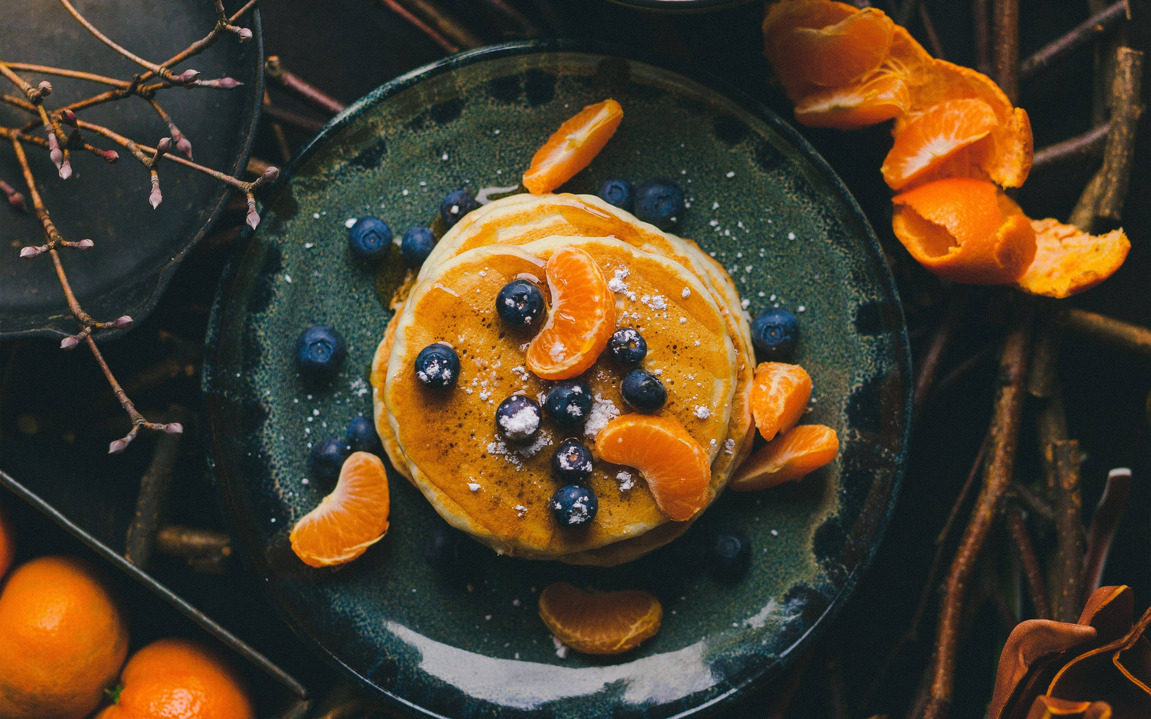 golden pancakes, blueberries, orange segments, 4K Desktop Wallpaper