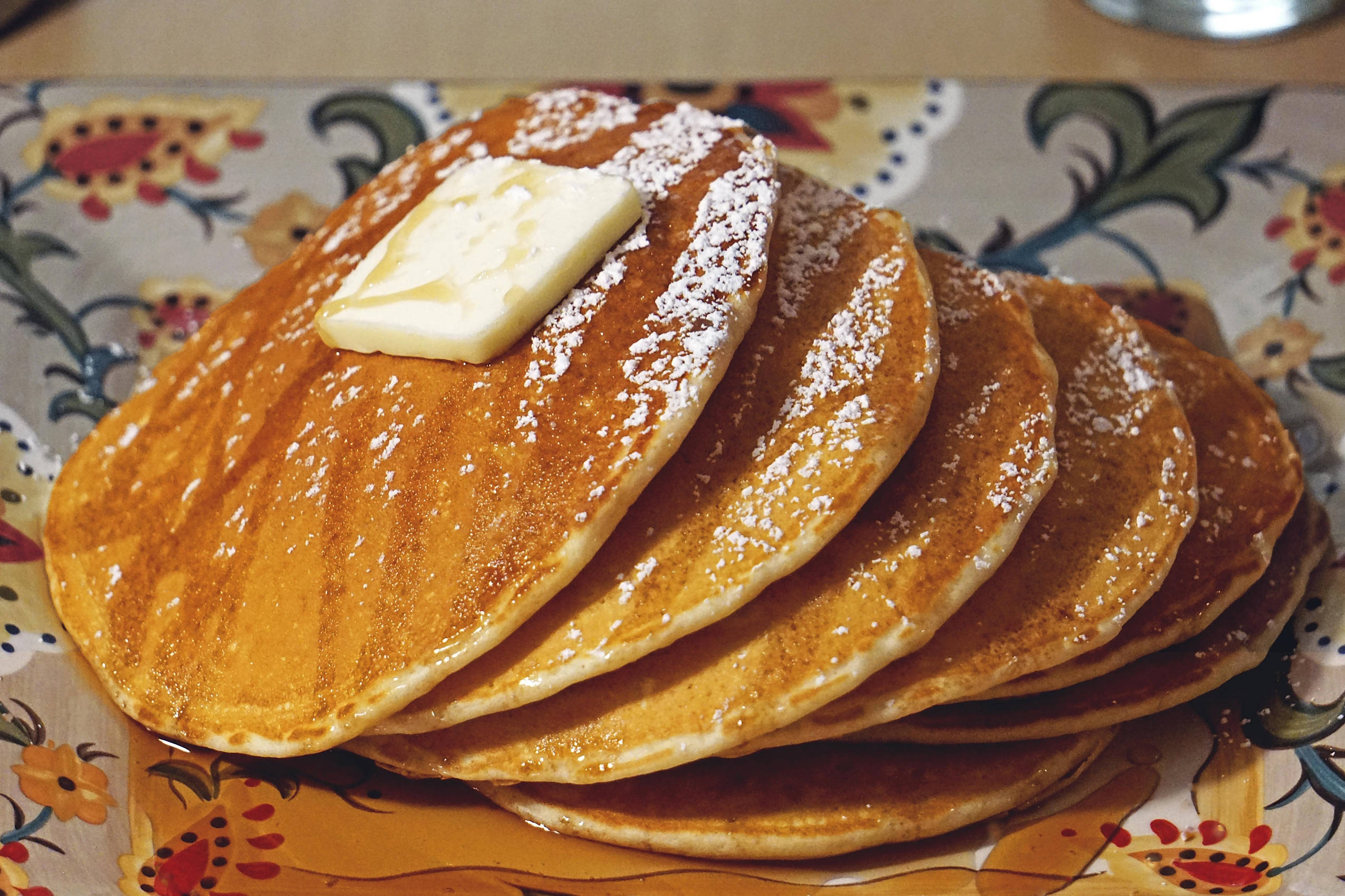 buttermilk pancakes, golden pancakes, powdered sugar, Full HD Desktop Wallpaper