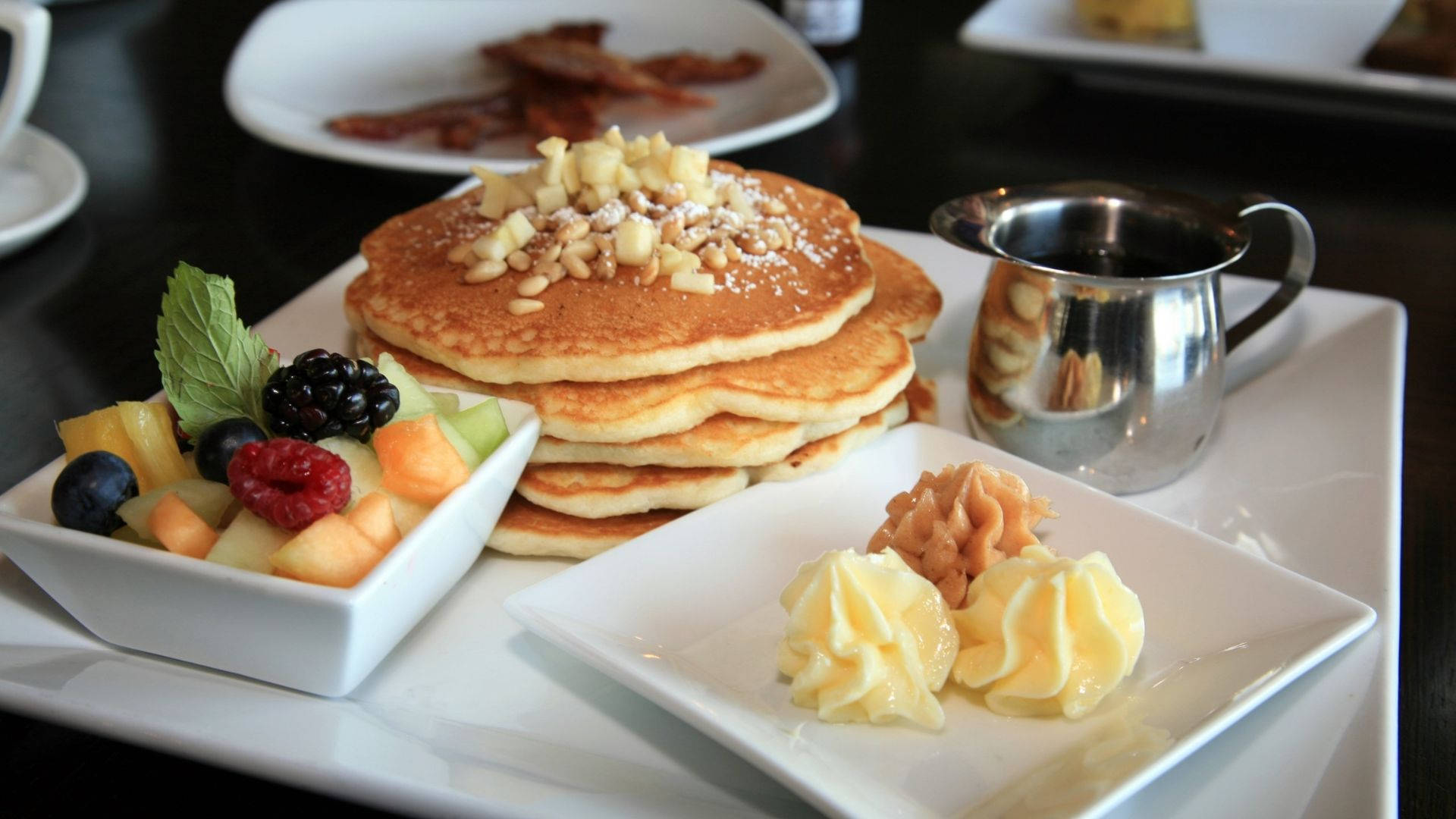 Pancakes, golden pancakes, chopped nuts, Full HD Desktop Wallpaper