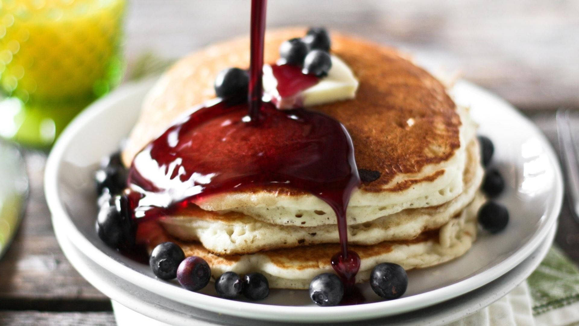 pancakes, blueberry syrup, fresh blueberries, Full HD Desktop Wallpaper