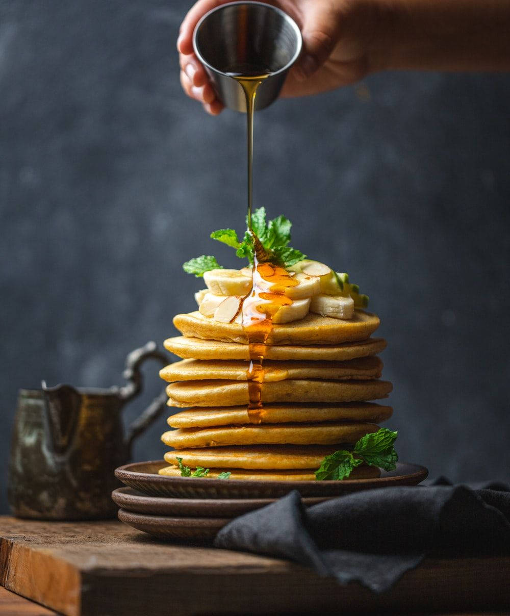 golden syrup, fluffy pancakes, banana slices, SD Phone Wallpaper