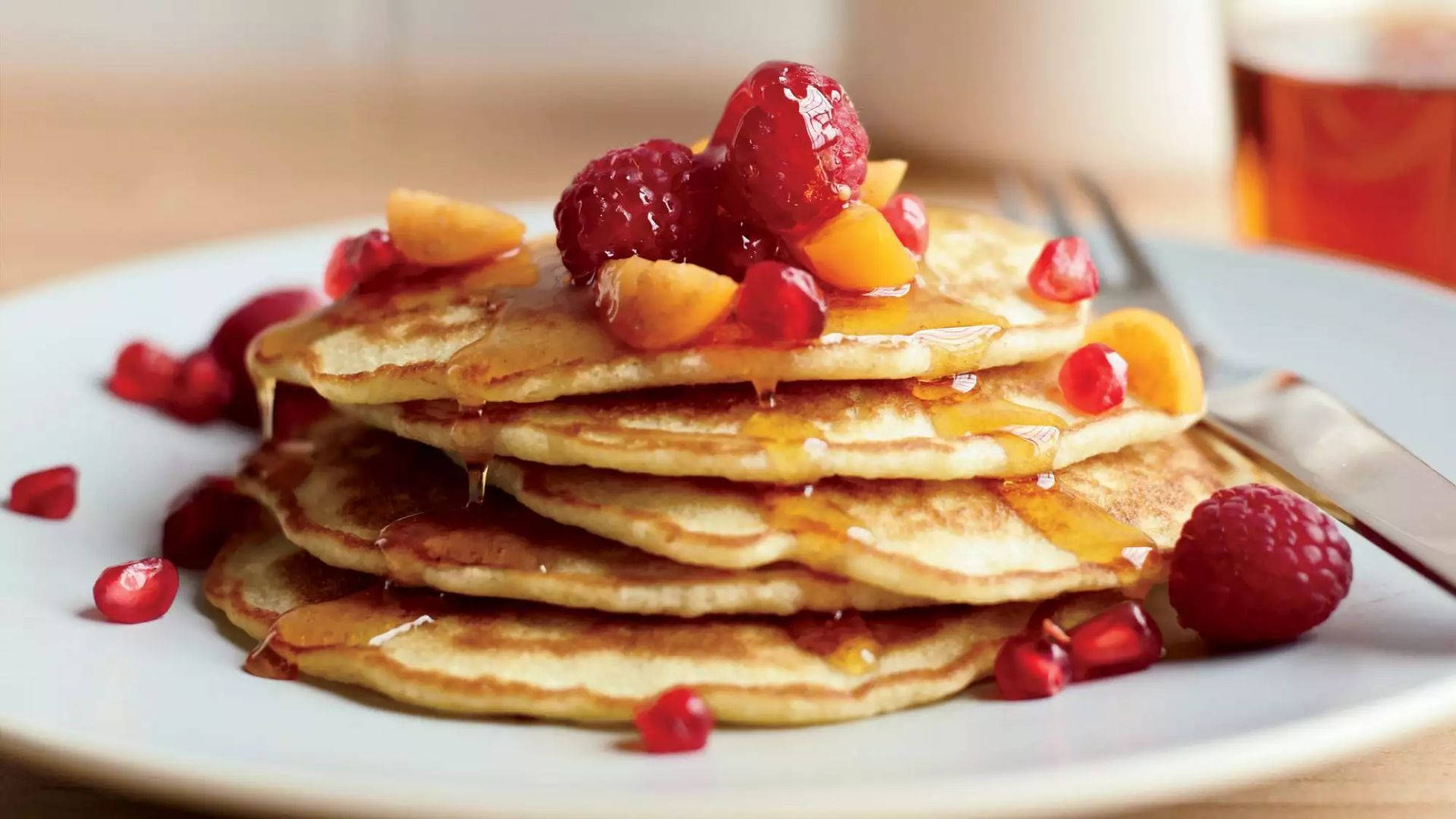 golden pancakes, honey, fresh raspberries, Full HD Desktop Wallpaper