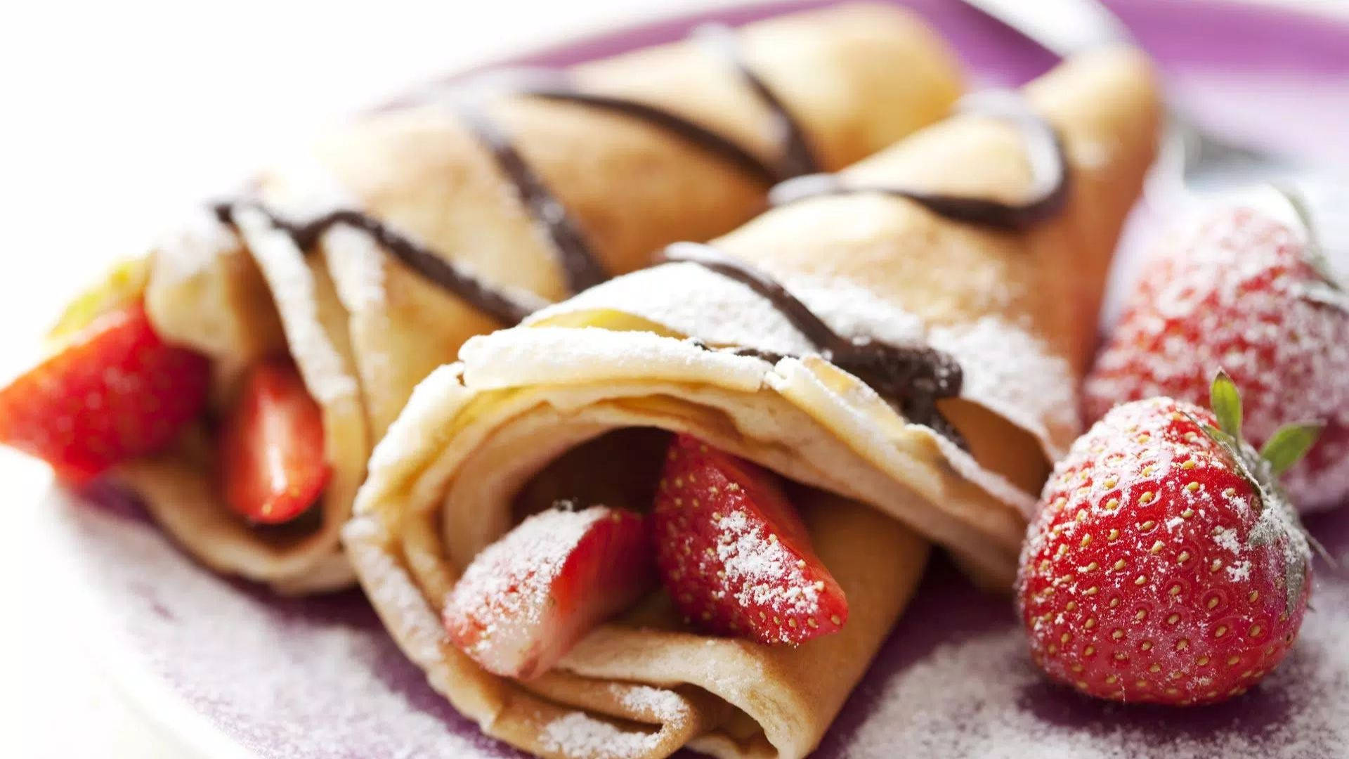 Pancakes, strawberries, chocolate sauce, Full HD Desktop Wallpaper