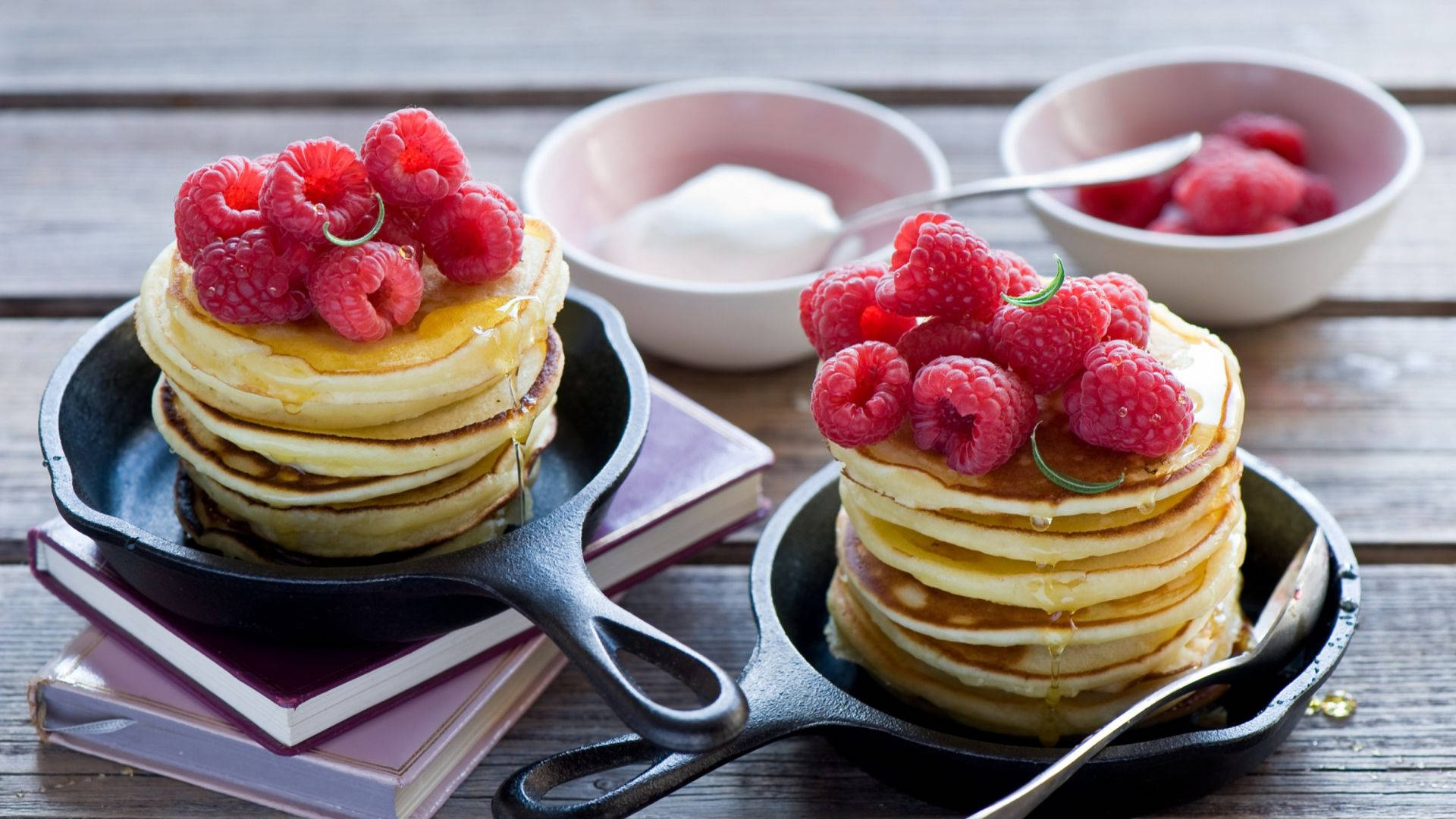 Pancakes On Pots, golden pancakes, fresh raspberries, Full HD Desktop Wallpaper