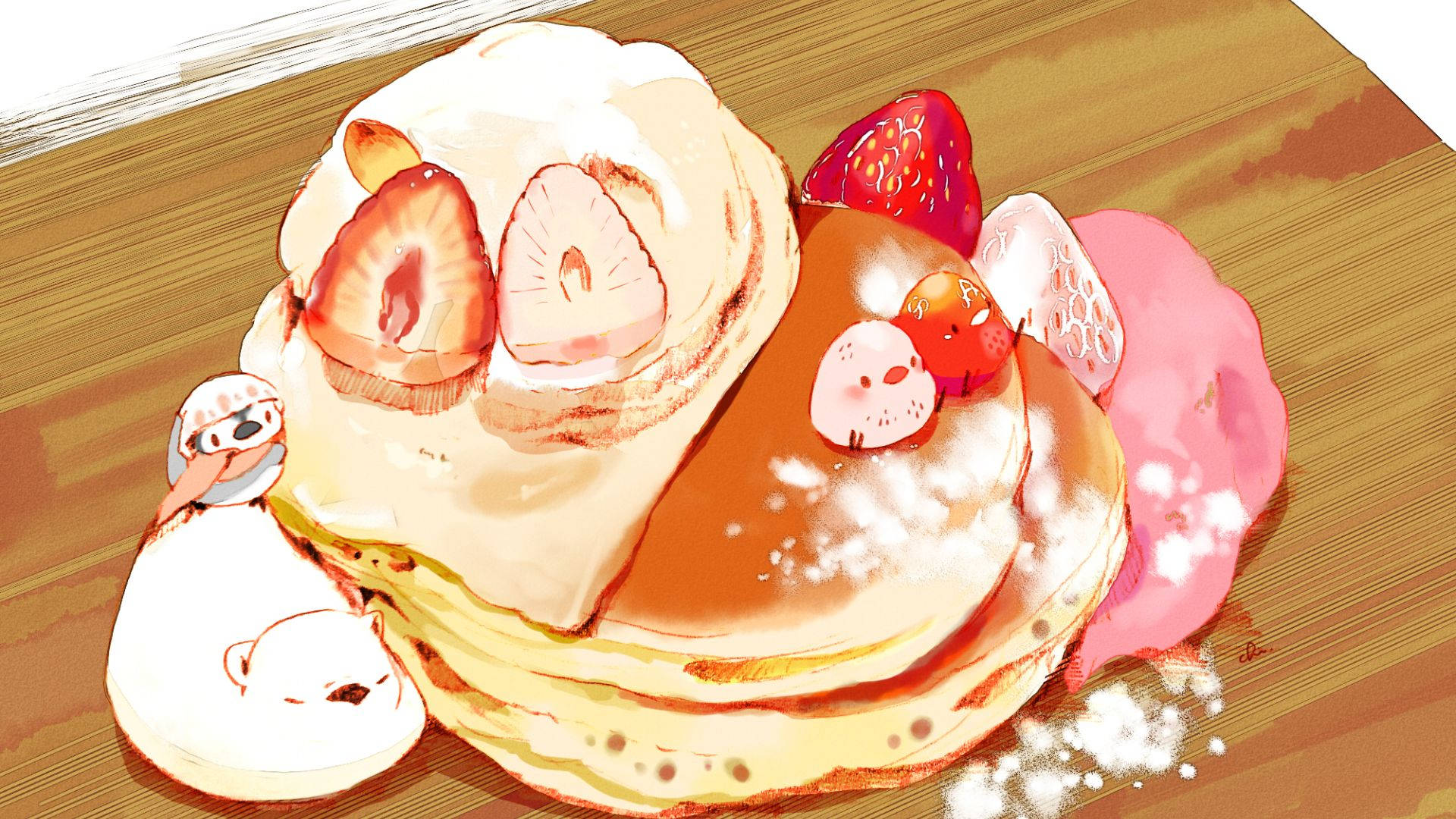 Anime Pancakes, golden pancakes, whipped cream, Full HD Desktop Wallpaper