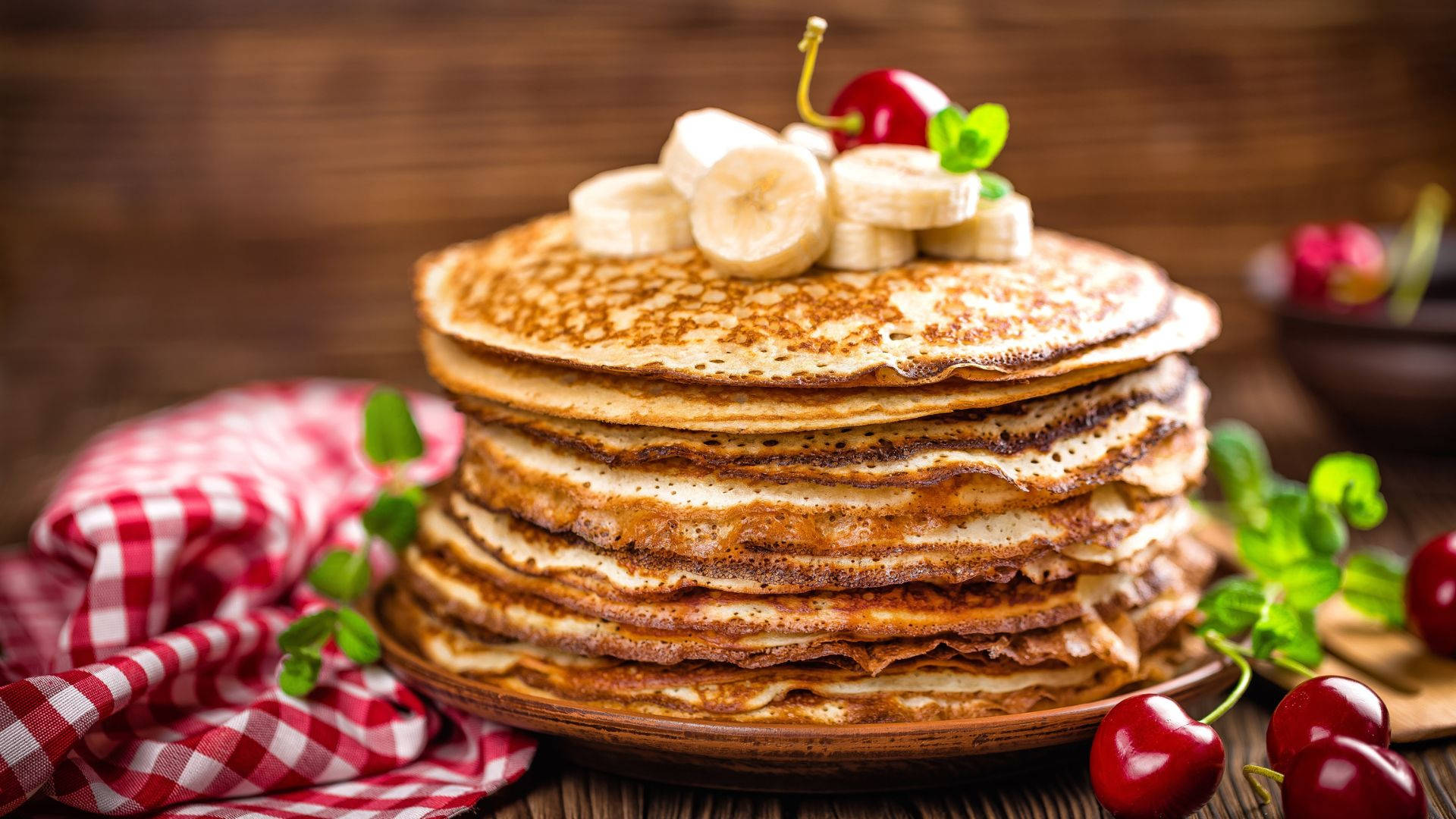 golden pancakes, sliced bananas, cherry, Full HD Desktop Wallpaper