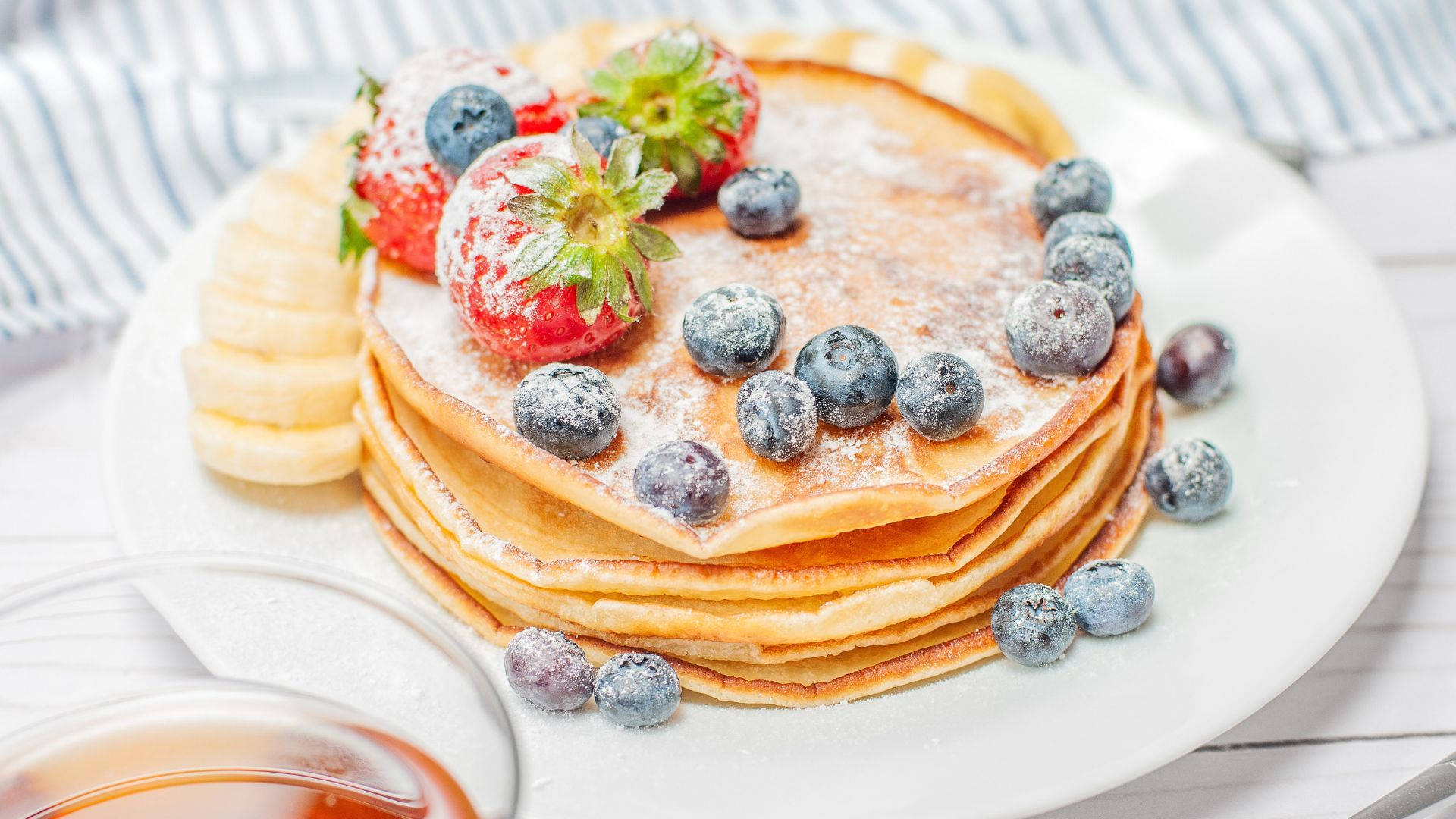 pancakes, powdered sugar, golden pancakes, Full HD Desktop Wallpaper