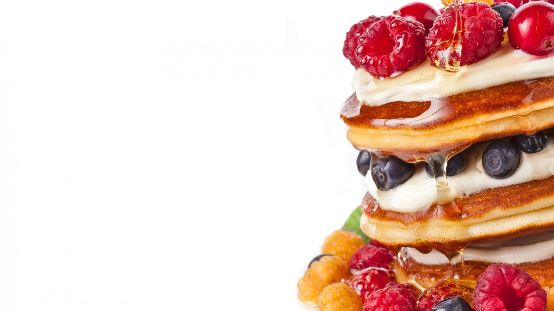 Pancakes, golden pancakes, cream blueberries, Full HD Desktop Wallpaper