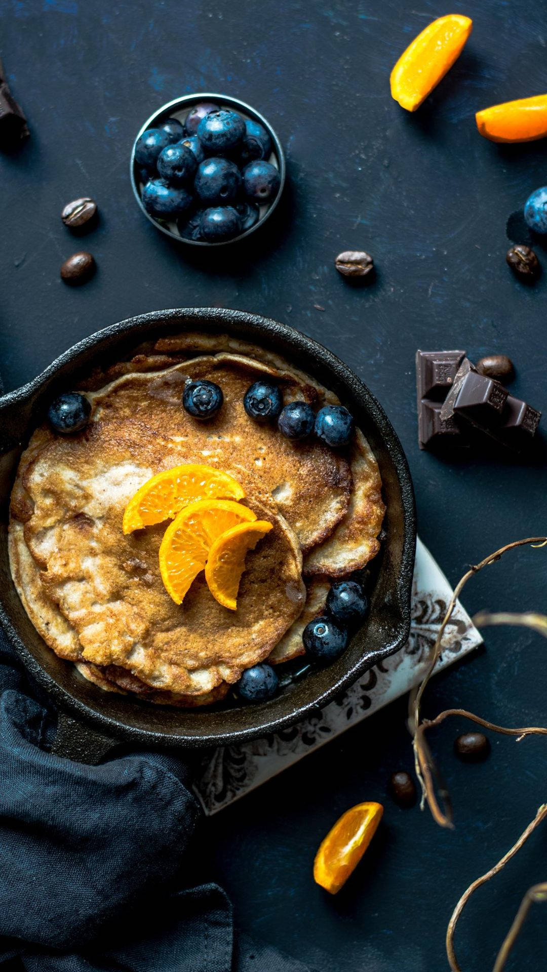 Pancakes, blueberries, orange slices, Full HD Phone Wallpaper