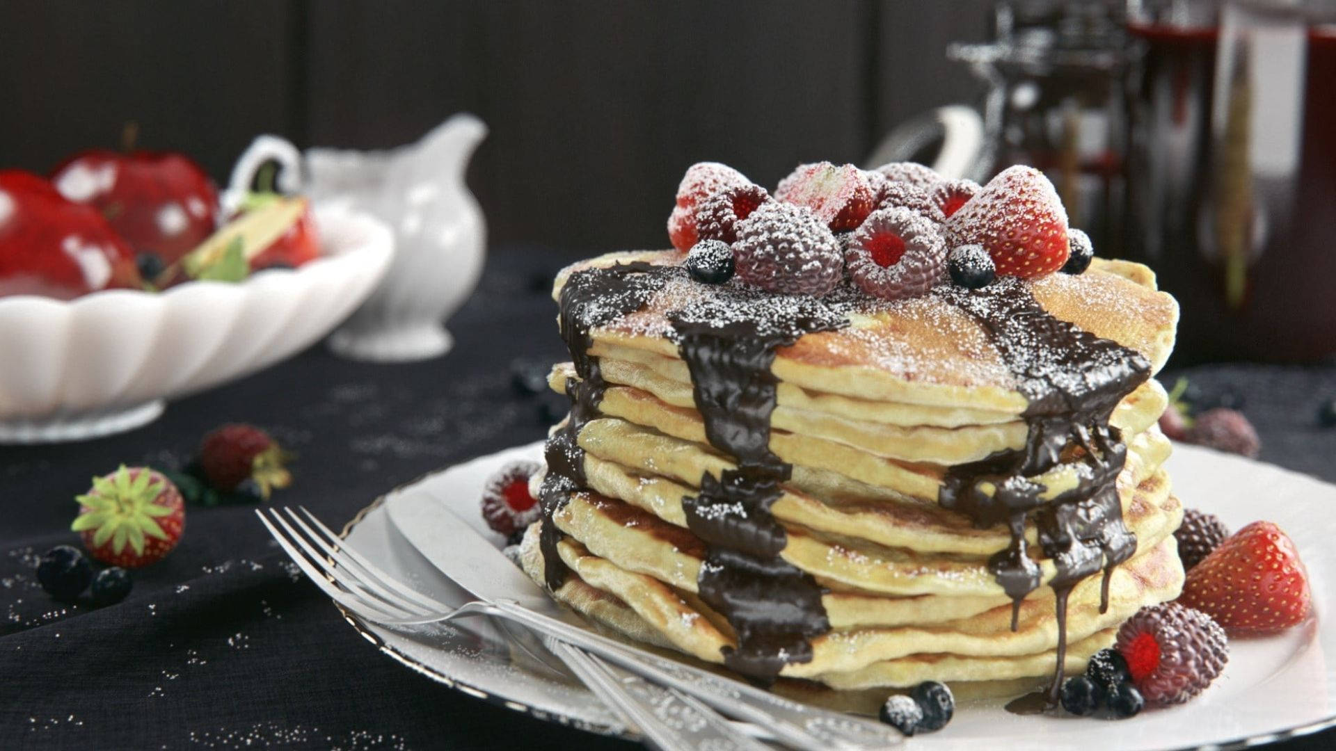Pancakes, golden pancakes, chocolate sauce, Full HD Desktop Wallpaper
