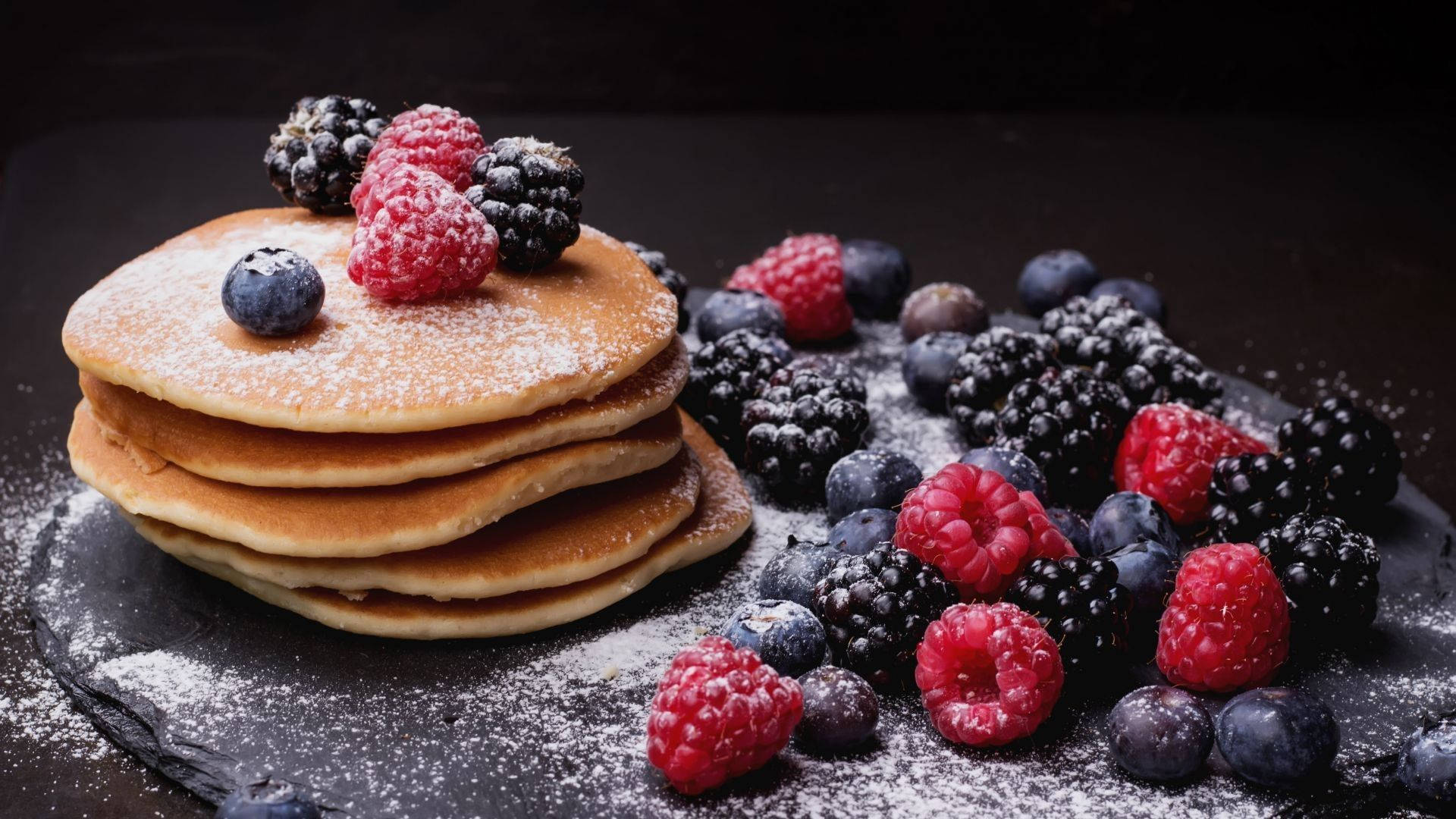 pancakes, powdered sugar, raspberries, Full HD Desktop Wallpaper