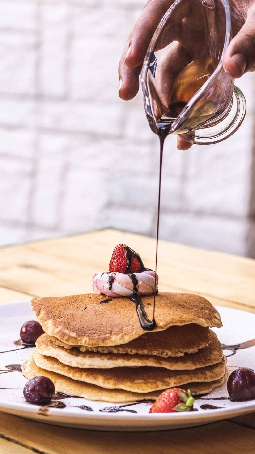 chocolate syrup, golden pancakes, ice cream, Full HD Phone Wallpaper