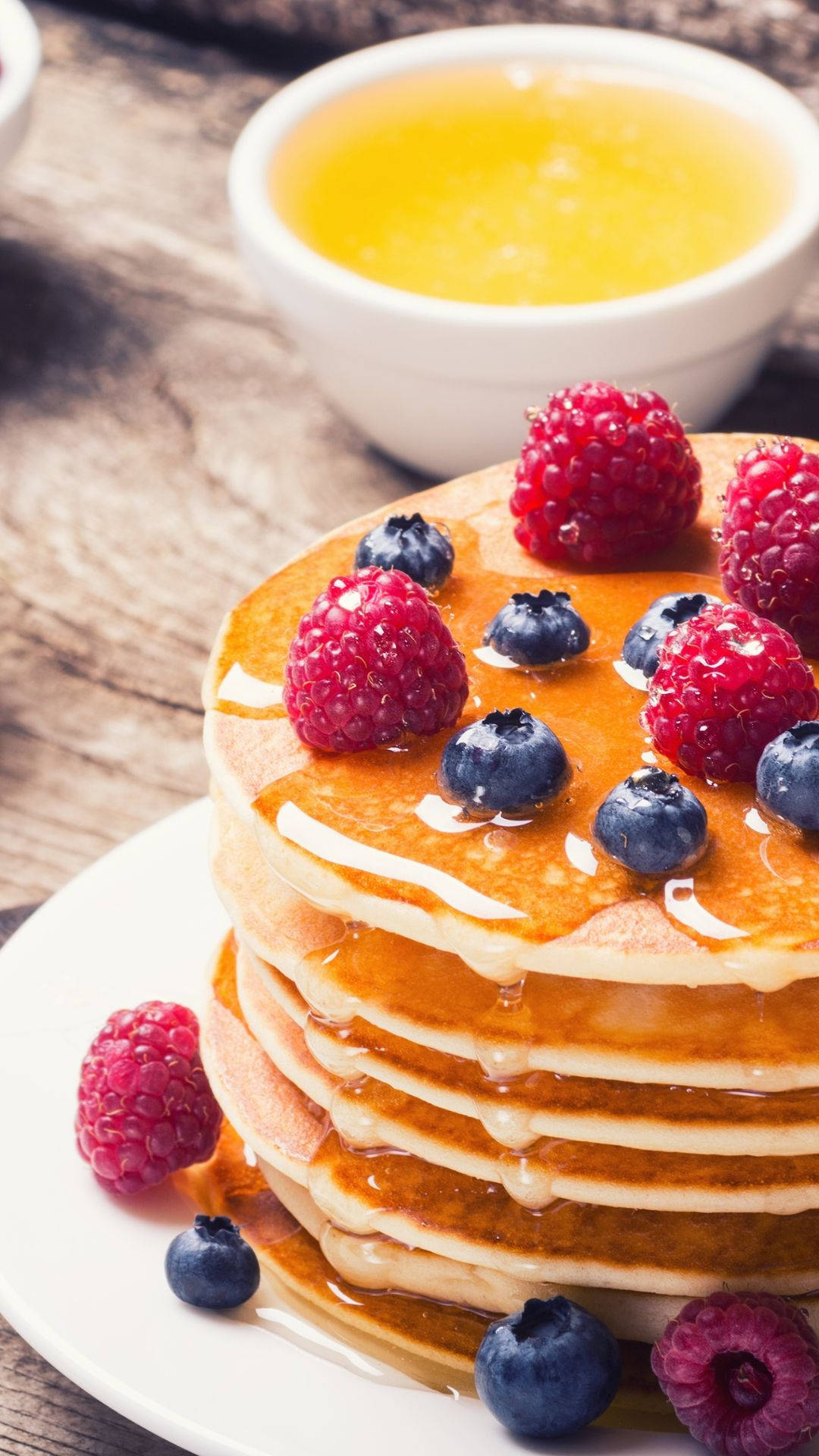 Pancakes, honey dip, raspberries, Full HD Phone Wallpaper