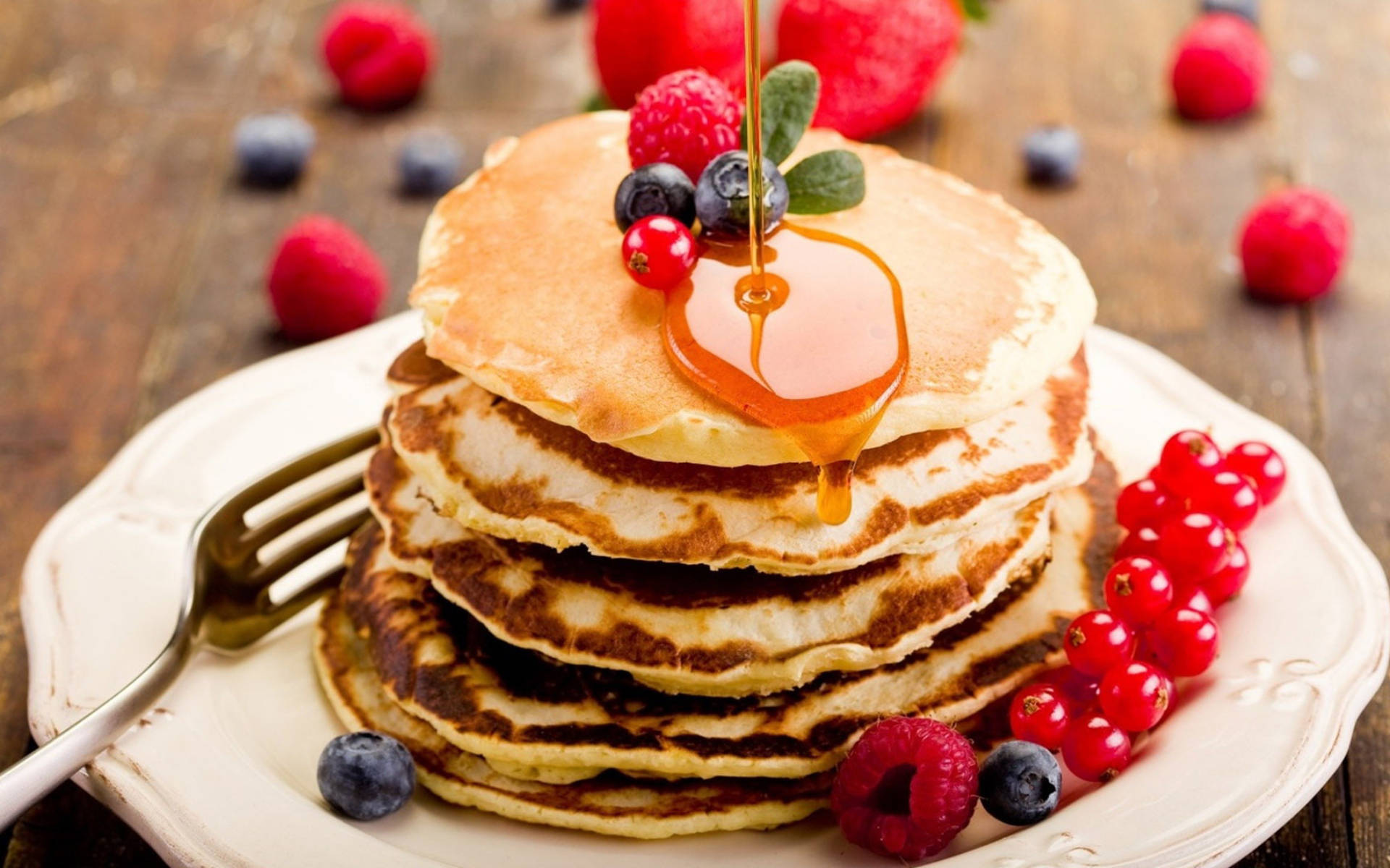 pancakes, berries, honey, Full HD Desktop Wallpaper