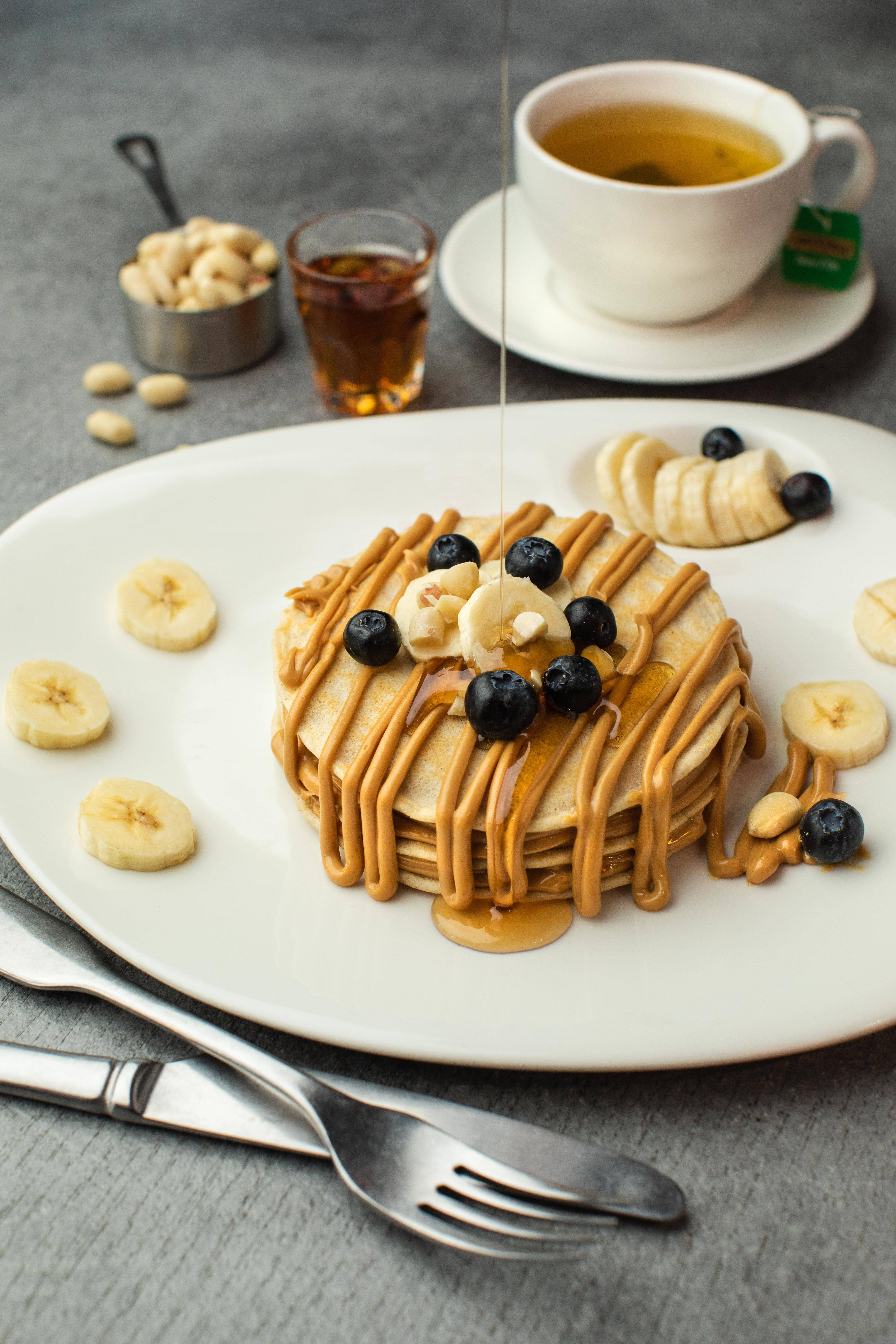 banana pancakes, tea, golden pancakes, 5K Phone Wallpaper