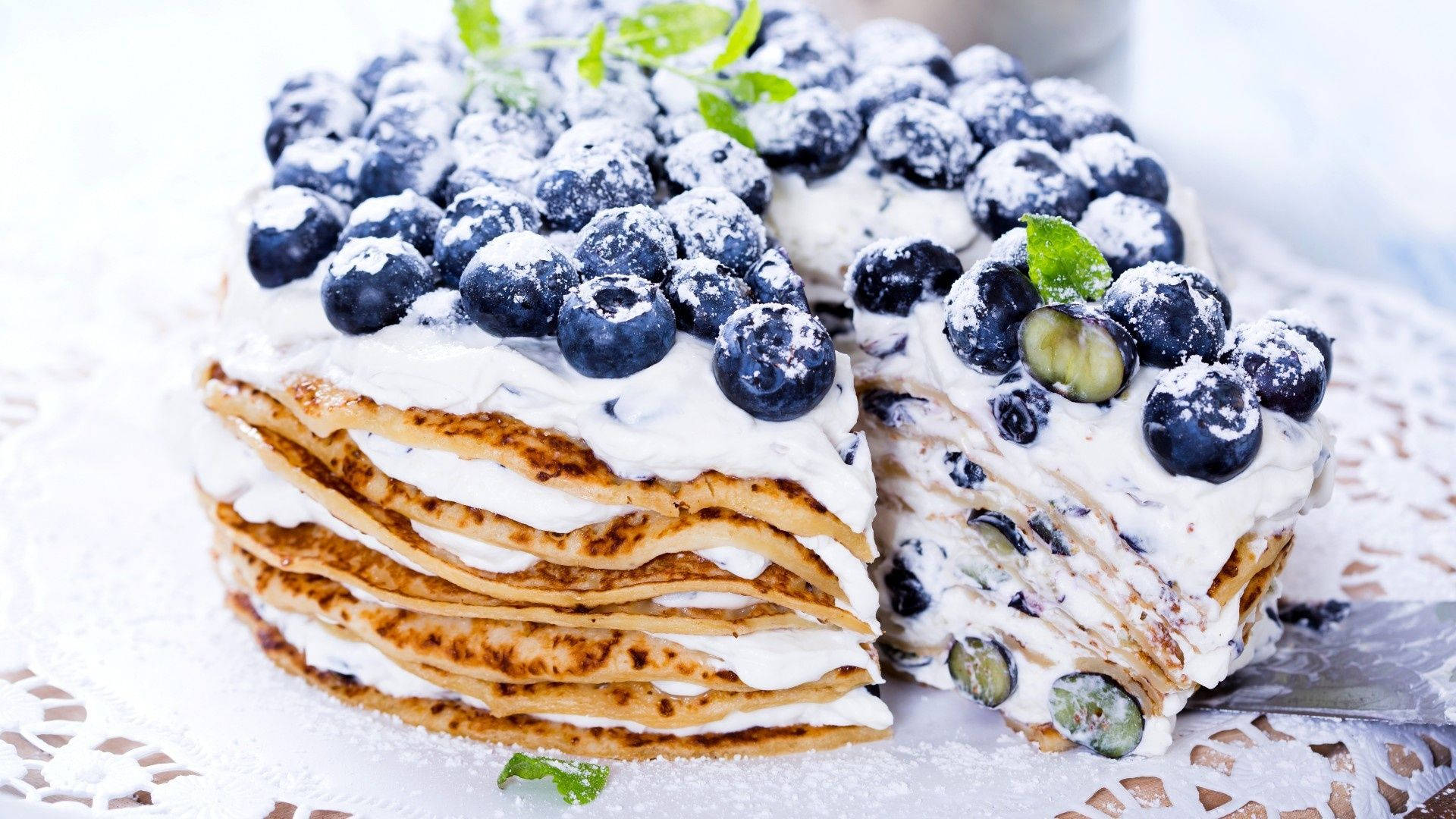 whipped blueberry pancake, golden pancakes, creamy white filling, Full HD Desktop Wallpaper