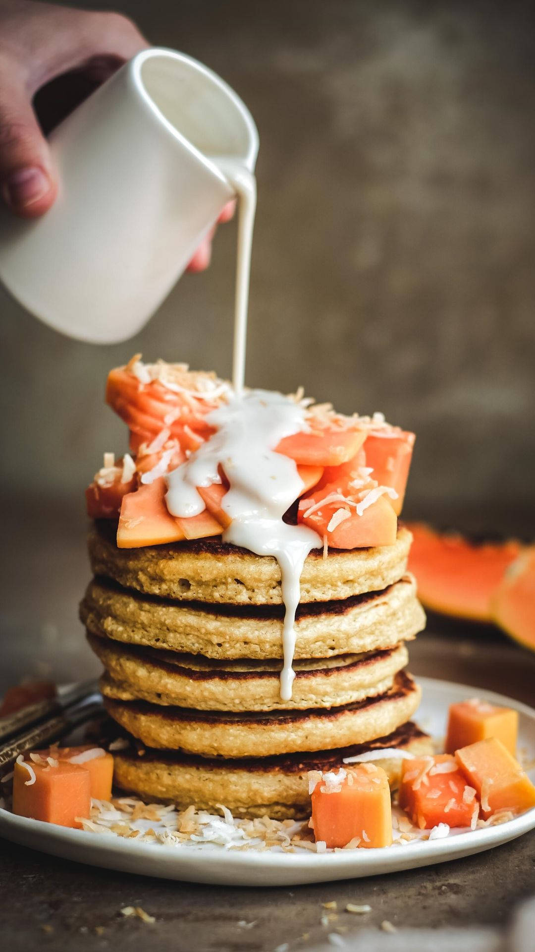 pancakes, creamy white sauce, golden pancakes, Full HD Phone Wallpaper
