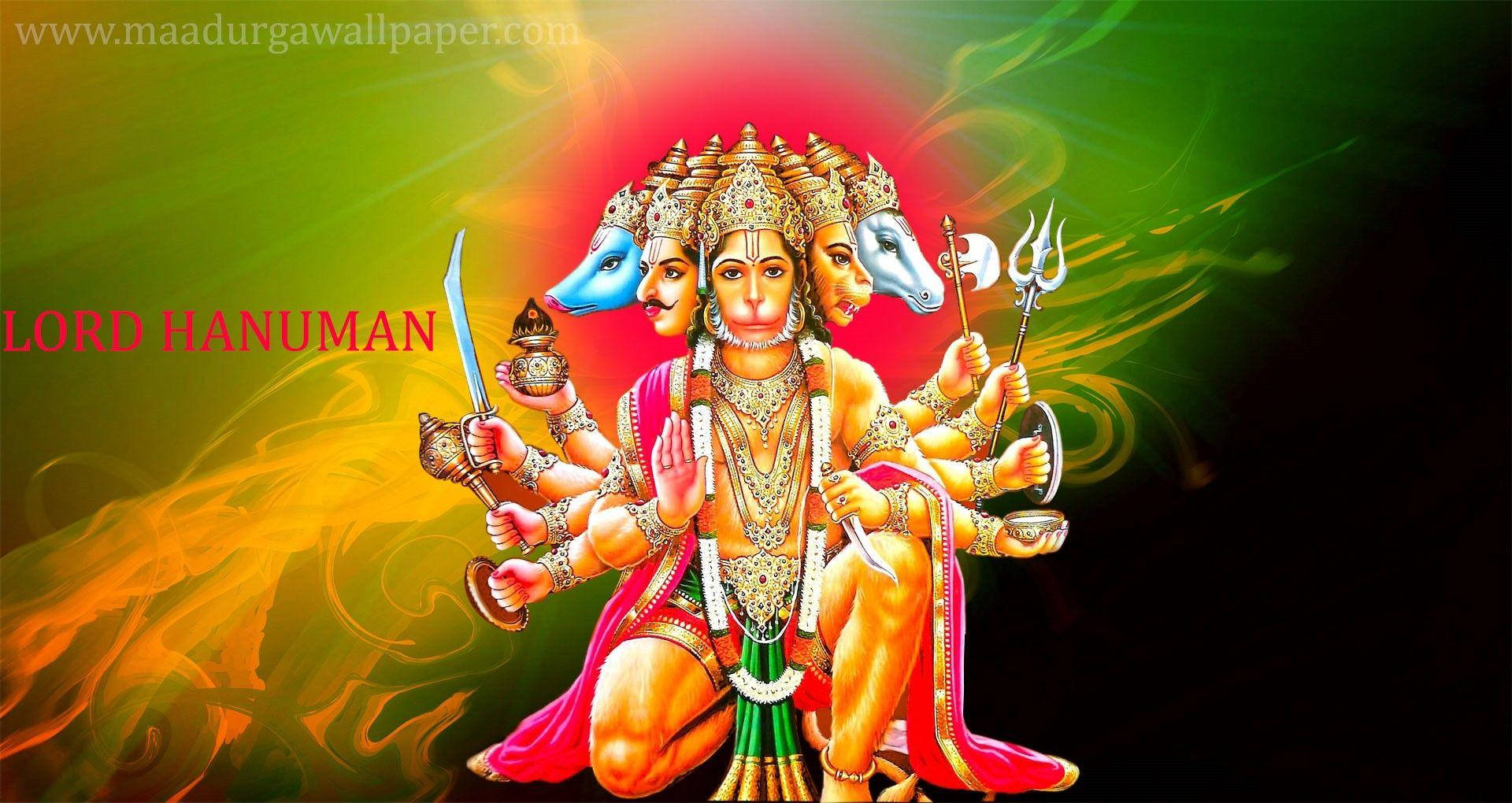 Panchmukhi Hanuman, vibrant golden hues, multiple arms holding weapons, Full HD Desktop Wallpaper