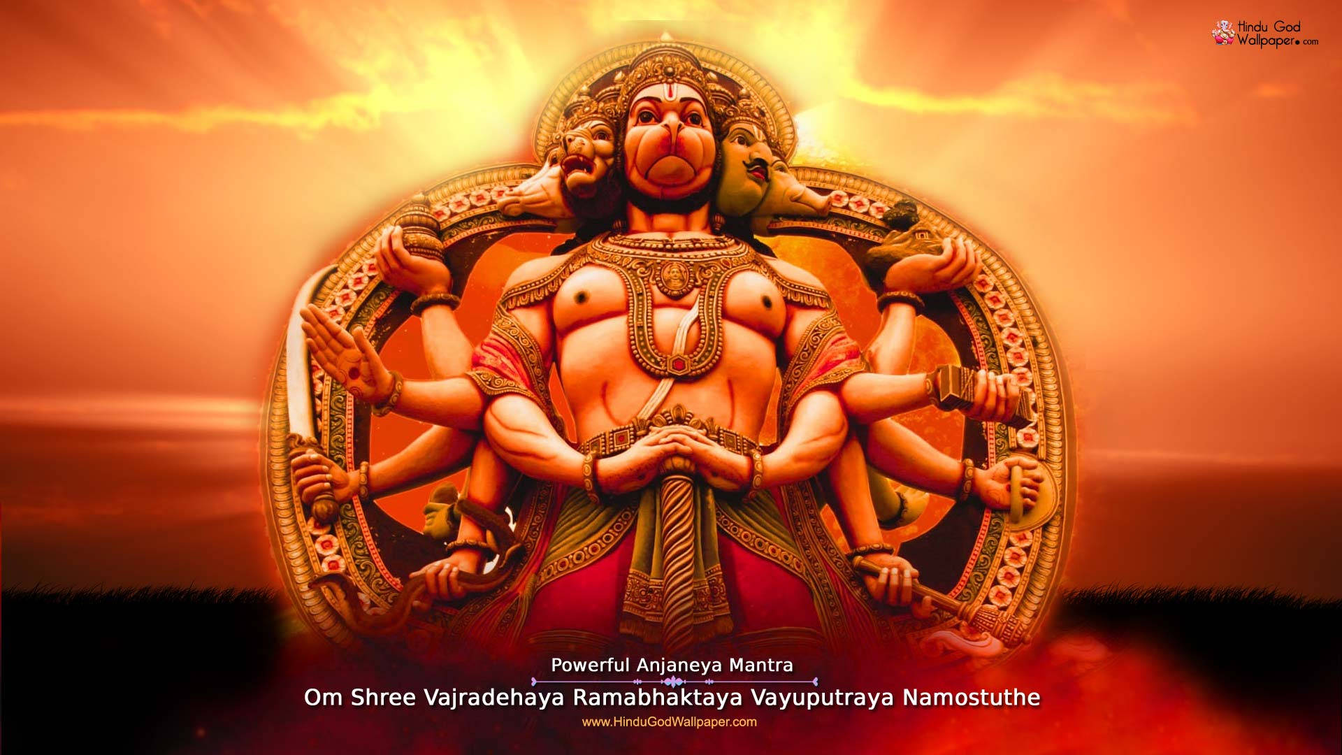 Panchmukhi Hanuman, golden armor, monkey face, Full HD Desktop Wallpaper