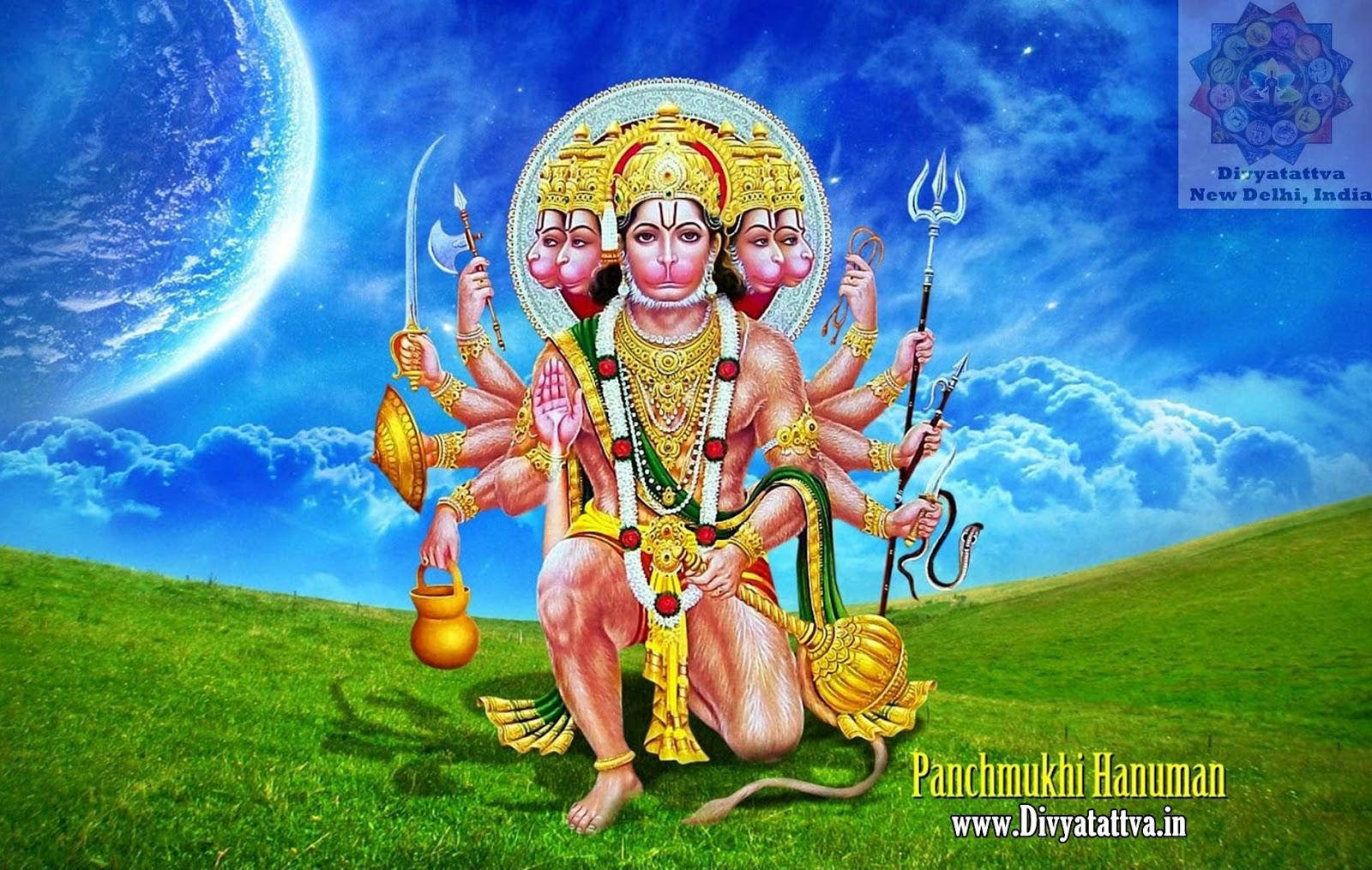 Panchmukhi Hanuman, grassy hill, crescent moon, HD Desktop Wallpaper