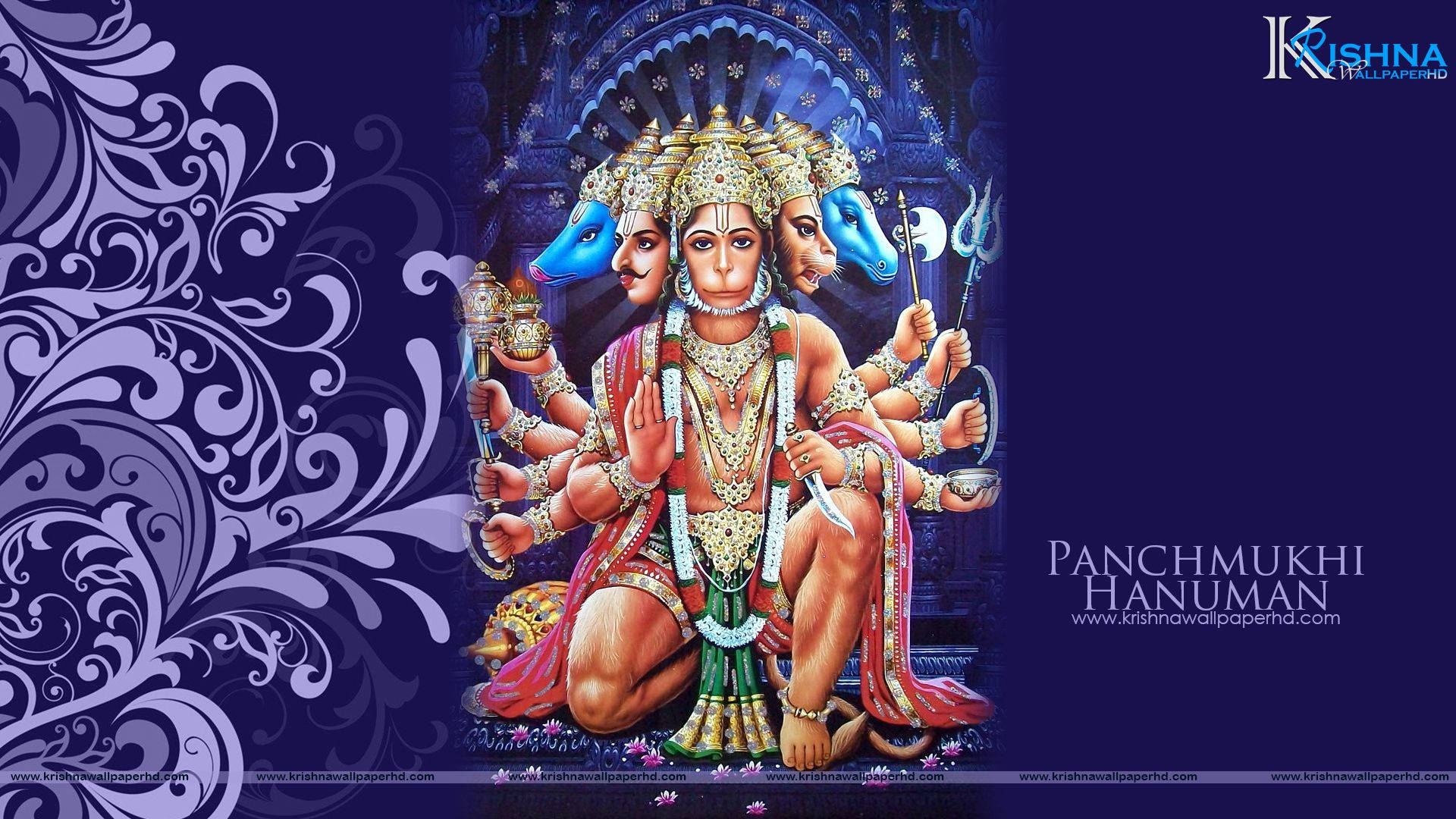 Panchmukhi Hanuman, five faces, multiple arms, Full HD Desktop Wallpaper