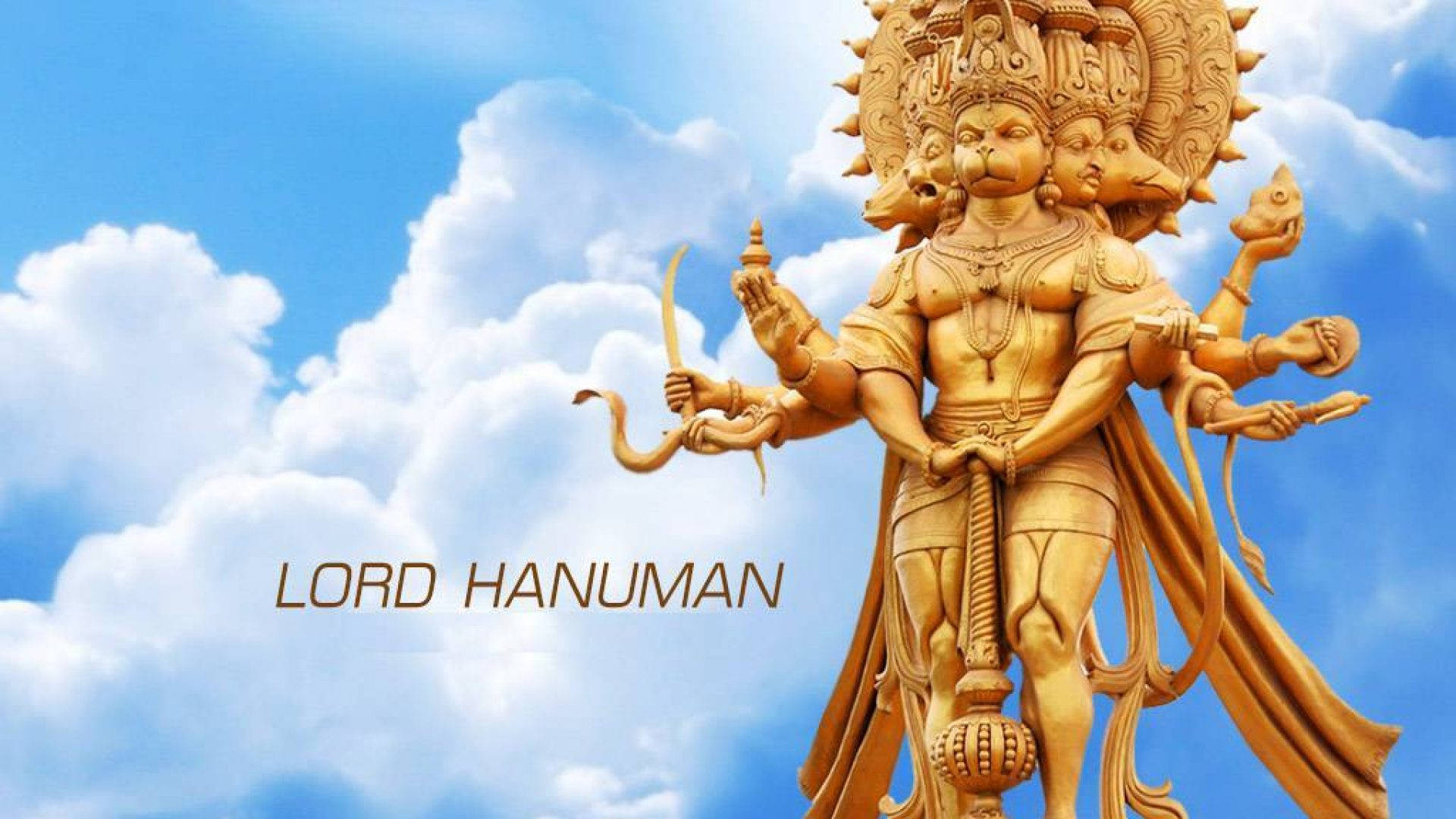 Panchmukhi Hanuman, gold statue, bright blue sky, Full HD Desktop Wallpaper