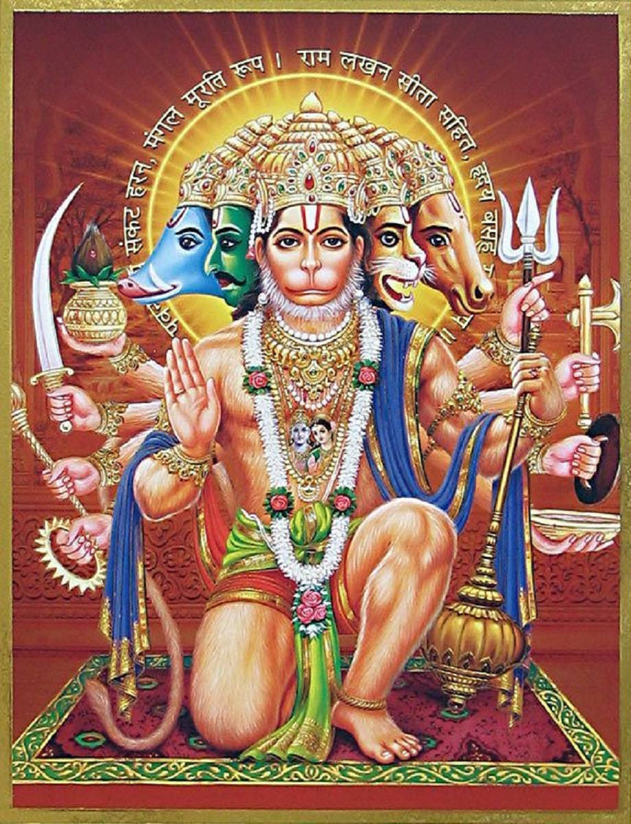 Panchmukhi Hanuman, gold jewelry, blue robes, SD Phone Wallpaper