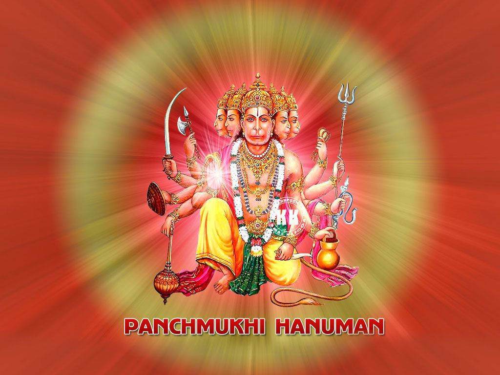 Panchmukhi Hanuman, golden crown, weapons, SD Desktop Wallpaper
