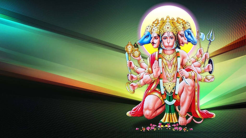 Panchmukhi Hanuman, purple flowers, multiple arms, SD Desktop Wallpaper