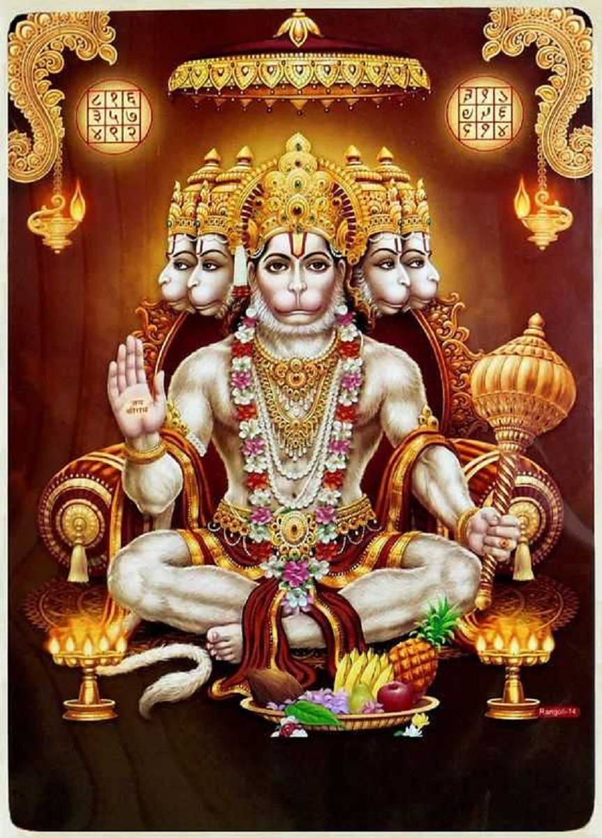 Panchmukhi Hanuman, multiple monkey heads, gold jewelry, SD Phone Wallpaper