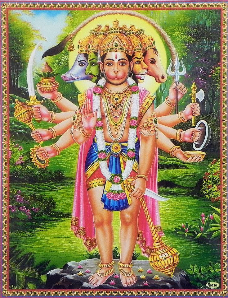 Panchmukhi Hanuman, lake, multi-armed Hindu deity, SD Phone Wallpaper