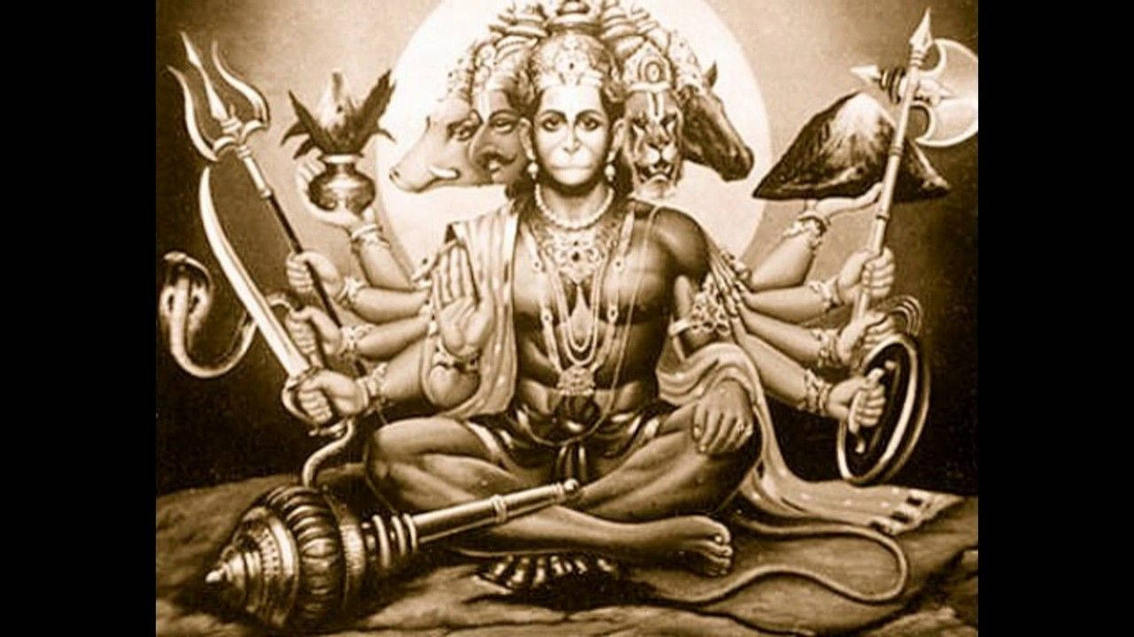 Panchmukhi Hanuman, Hindu deity, sepia-toned illustration, HD Desktop Wallpaper