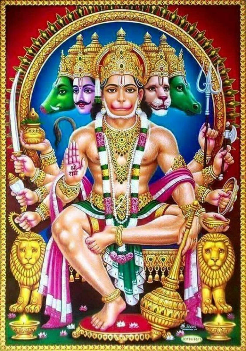 Panchmukhi Hanuman, lion throne, golden lions, SD Phone Wallpaper