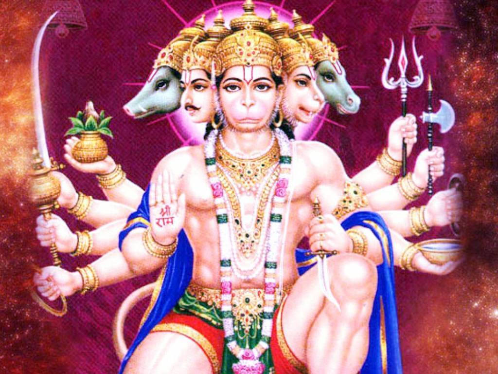 Panchmukhi Hanuman, purple bells, gold jewelry, SD Desktop Wallpaper
