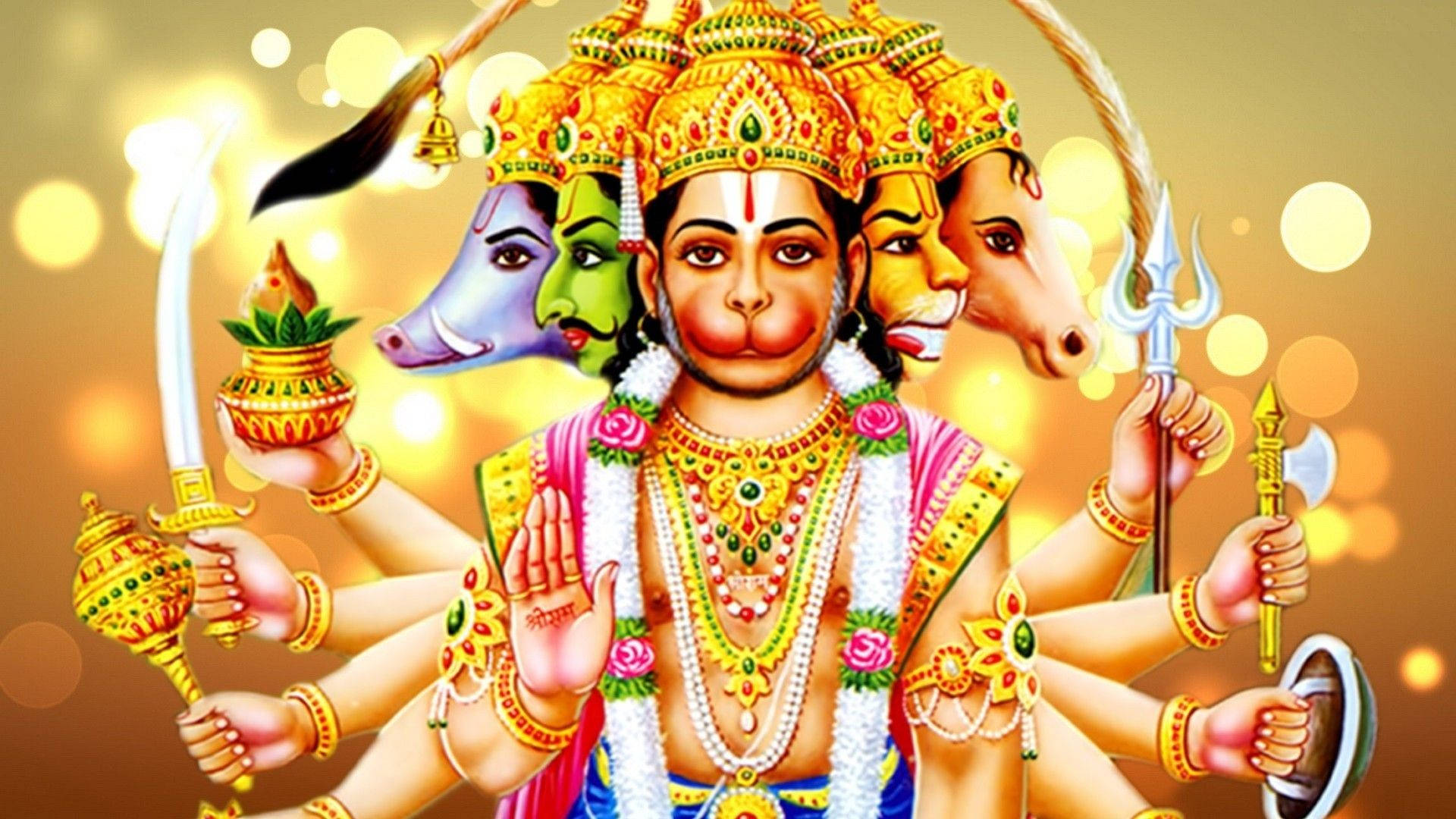 Panchmukhi Hanuman, multiple arms, multiple heads, Full HD Desktop Wallpaper