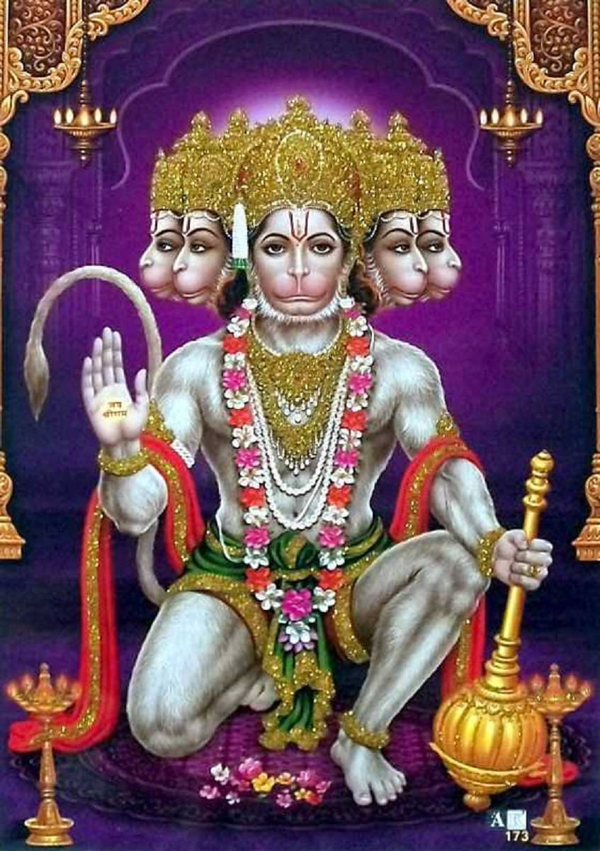 Panchmukhi Hanuman, purple altar, gold jewelry, SD Phone Wallpaper
