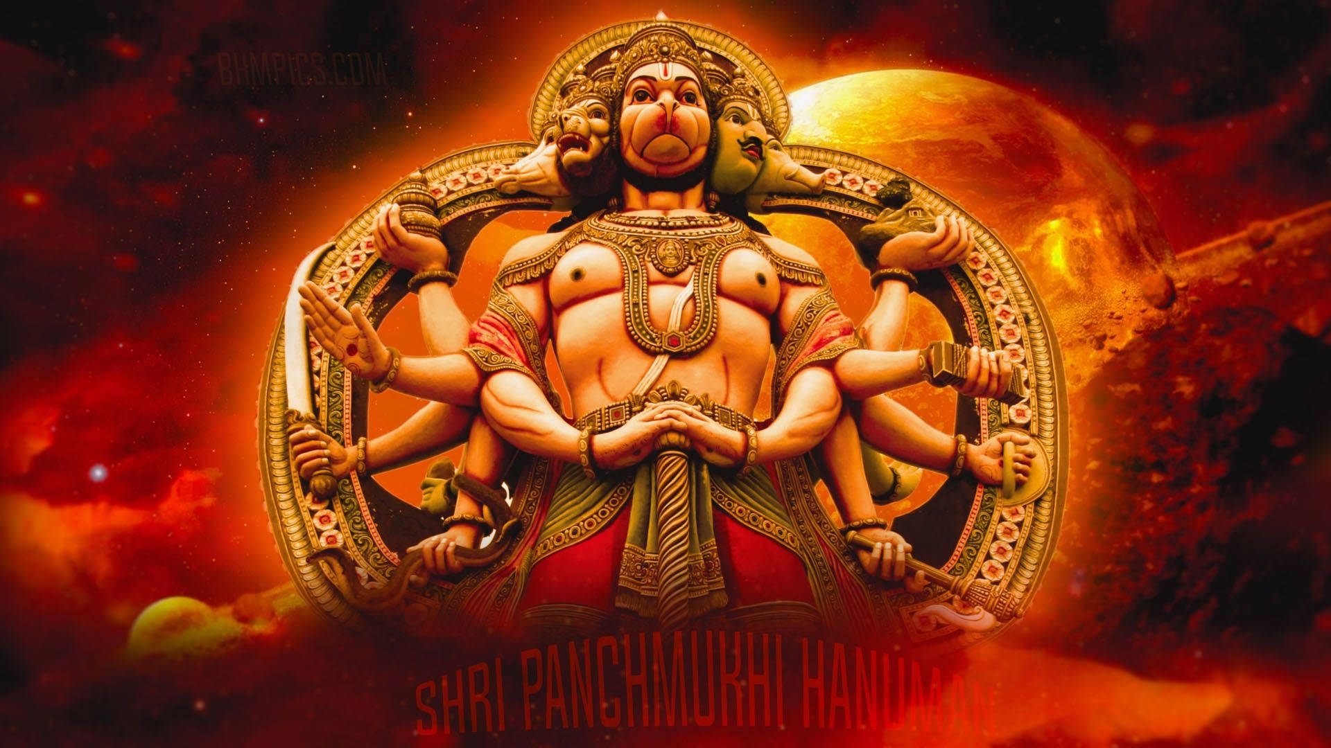 Panchmukhi Hanuman, five faces, multi-armed Hindu deity, Full HD Desktop Wallpaper
