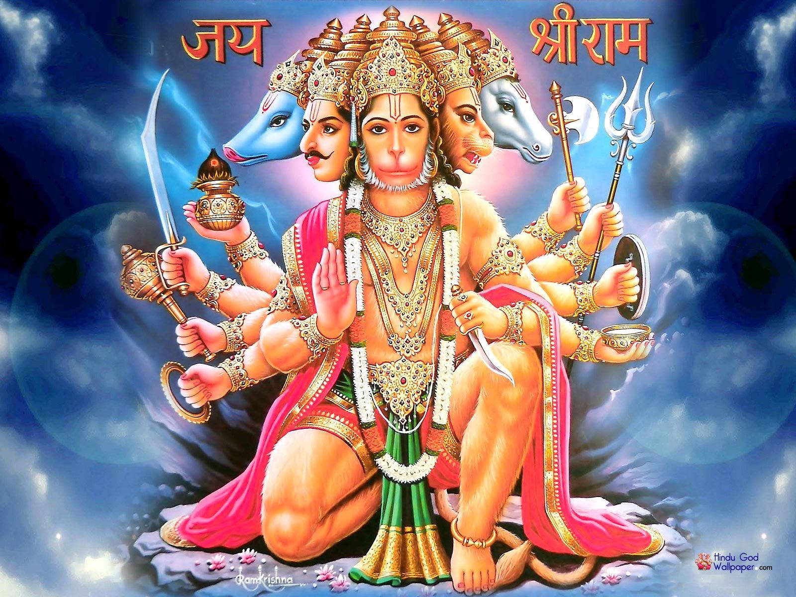 Panchmukhi Hanuman, blue and white monkey heads, gold jewelry, HD Desktop Wallpaper