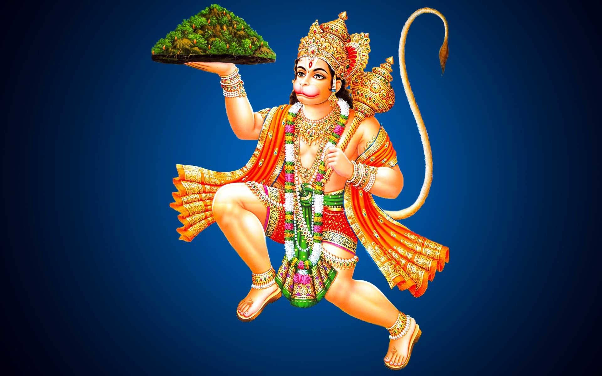 Hanuman, lush green mountain, deep blue background, Full HD Desktop Wallpaper