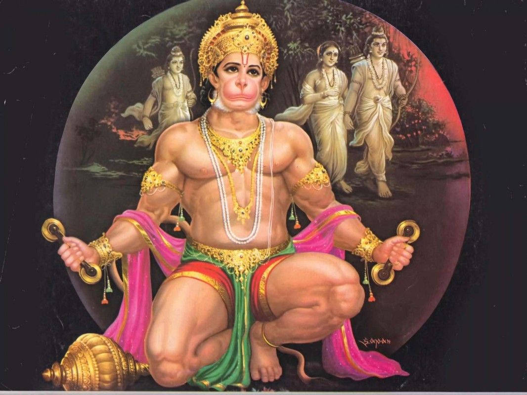 Hanuman, golden-ornamented, circular frame, SD Desktop Wallpaper