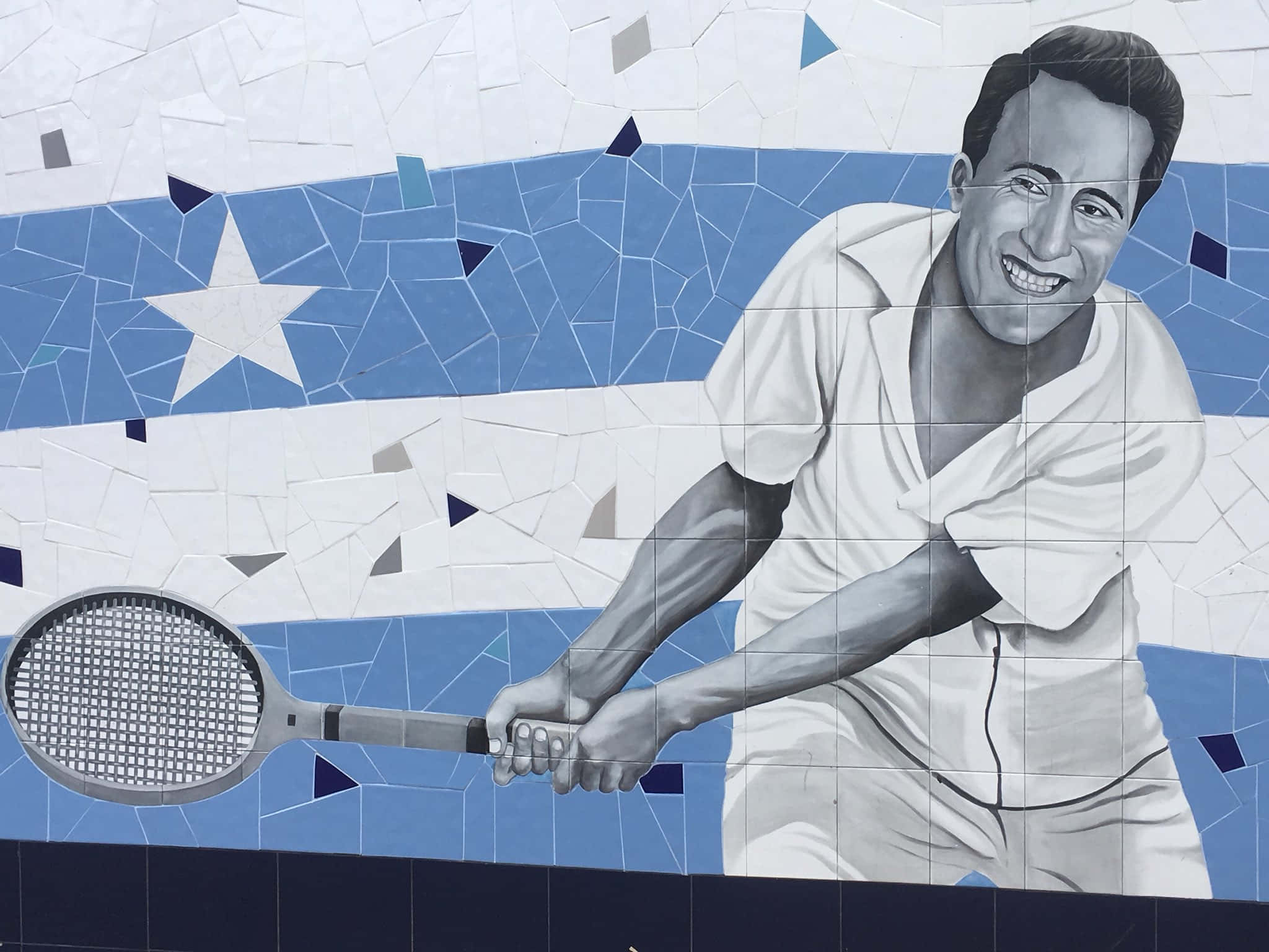 Pancho Segura, mural painting, white outfit, Full HD Desktop Wallpaper