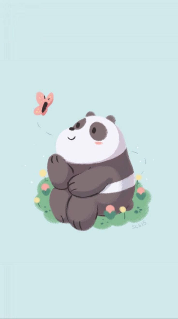 Panda We Bare Bears, pink butterfly, mint background, HD Phone Wallpaper