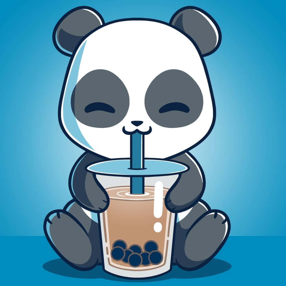 cute cartoon panda, bubble tea, straw, SD Desktop Wallpaper
