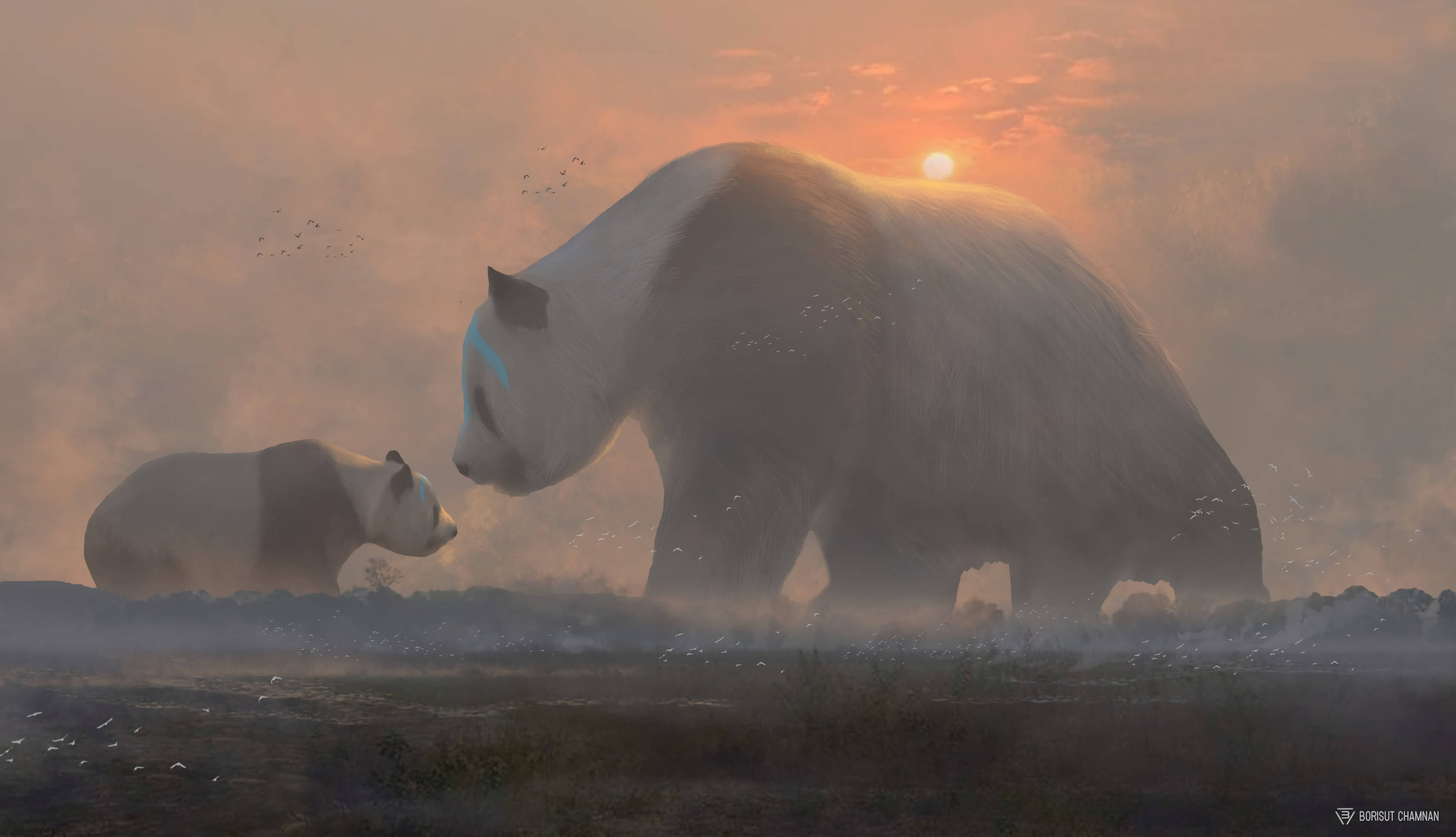 Panda, cub, sunset, 4K Desktop Wallpaper