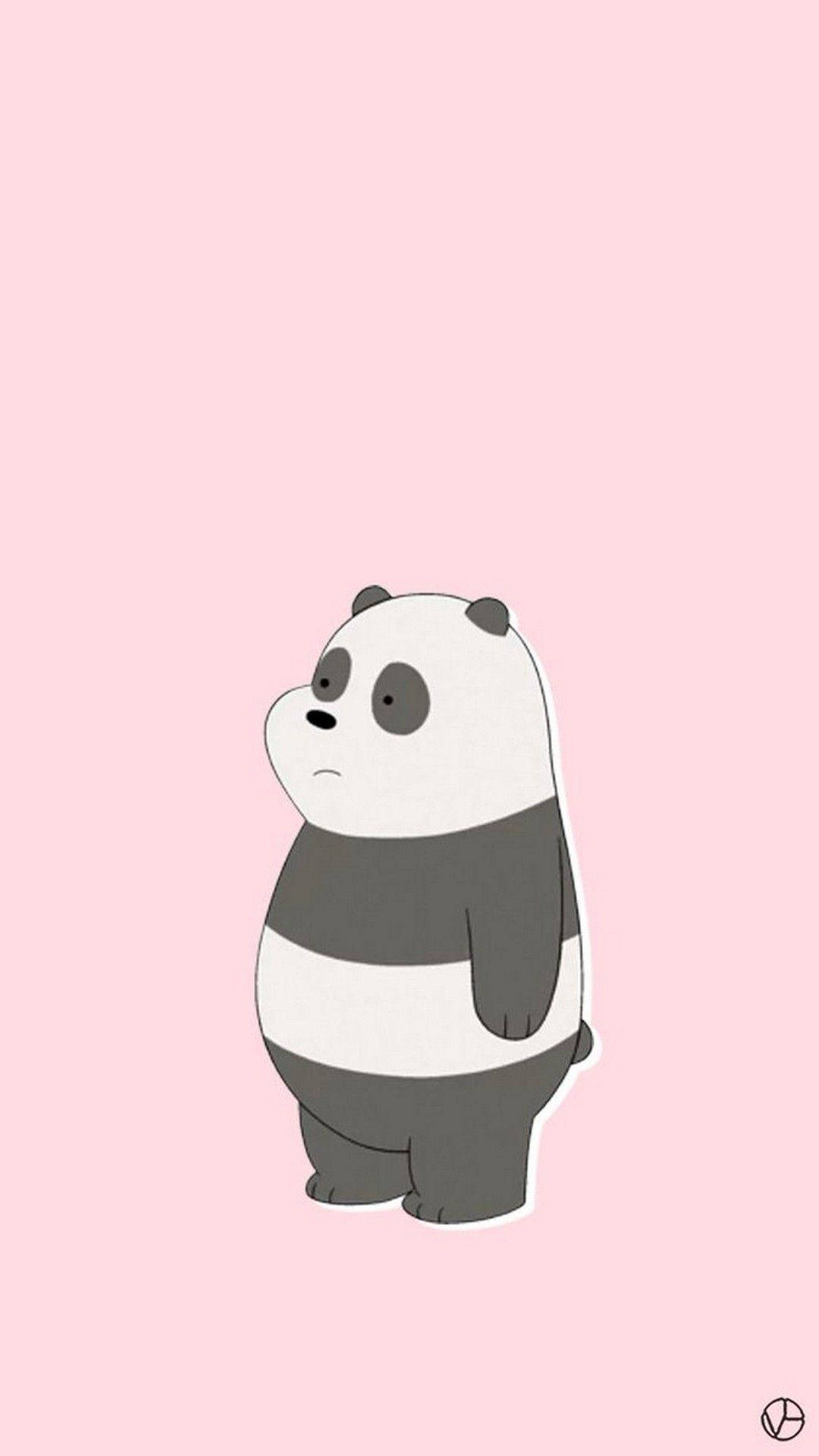 Sad Panda Bear, cartoon panda, soft pink background, Full HD Phone Wallpaper
