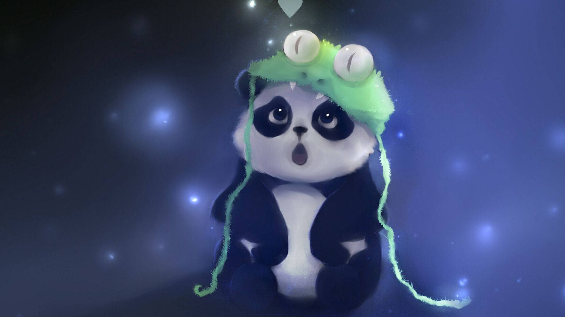 Panda, green frog hat, starry night sky, Full HD Desktop Wallpaper