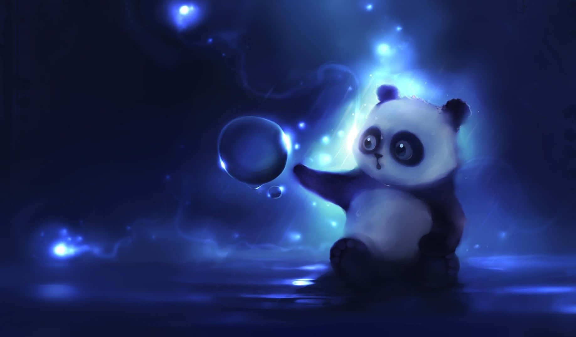 cute panda cub, glowing blue void, shimmering bubble, HD Desktop Wallpaper